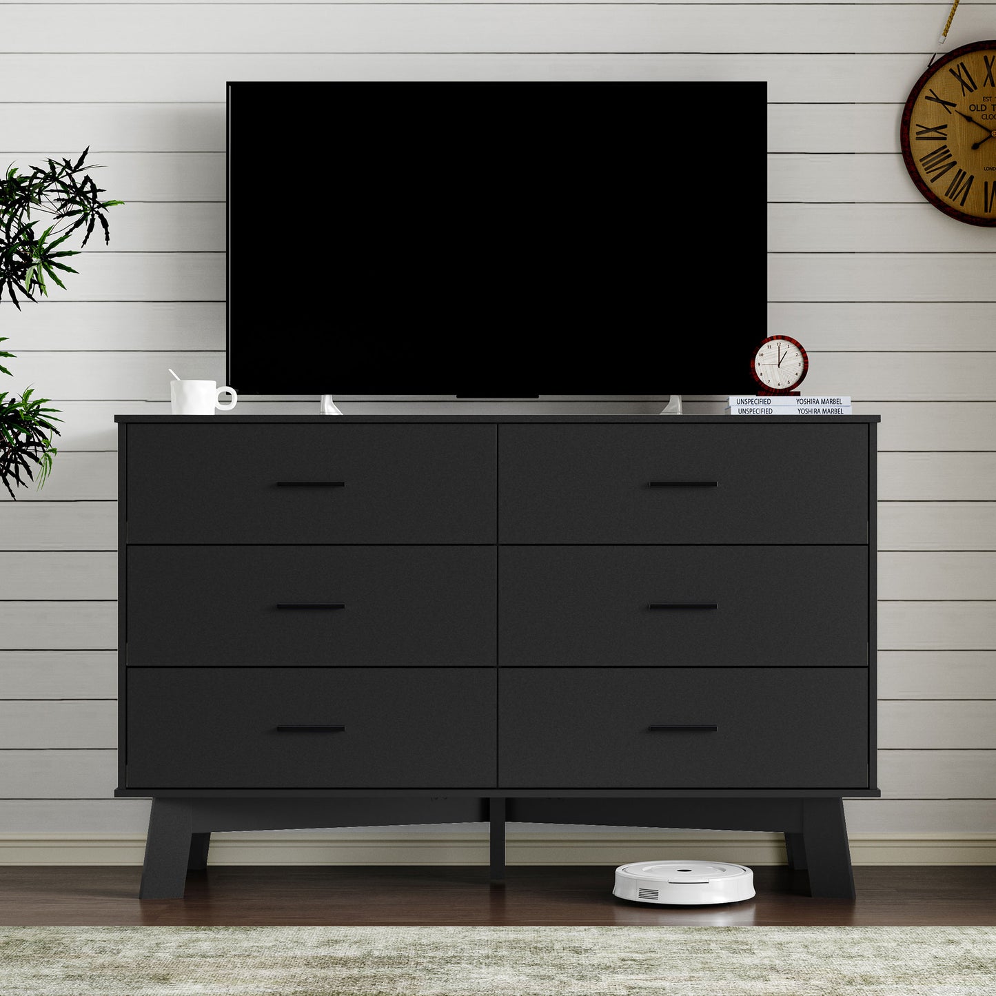 BORNOON Dresser for Bedroom with 6-Drawer, 47.2" Modern Chest of Drawers with Metal Handles, X-Shape Base & Adjustable Center Leg, Anti-Tip Closet Organizers and Storage