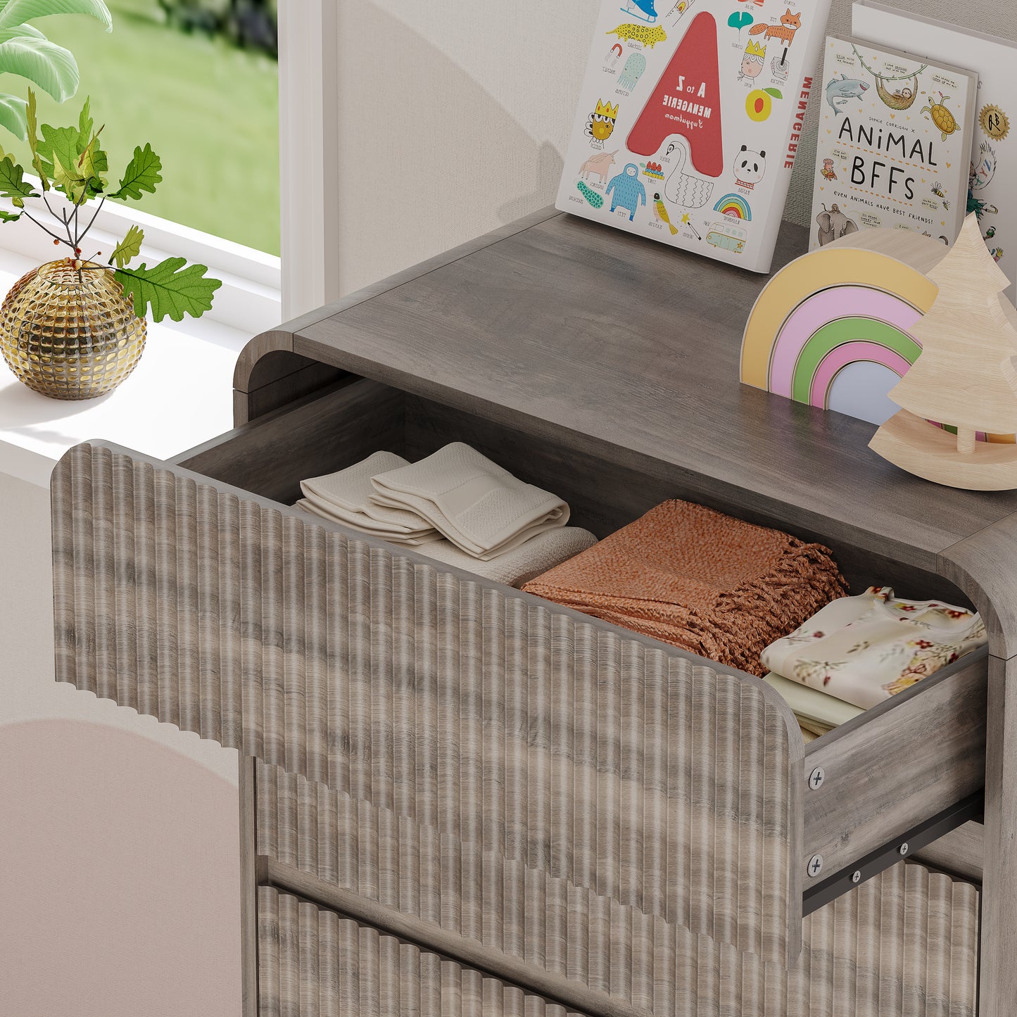 BORNOON Tall Dresser for Bedroom with 5 Drawers, Fluted Chest of Drawers with Round Curved Corner, Hidden Handles, Modern Wood Storage Organizer for Bedroom, Nursery, Living Room