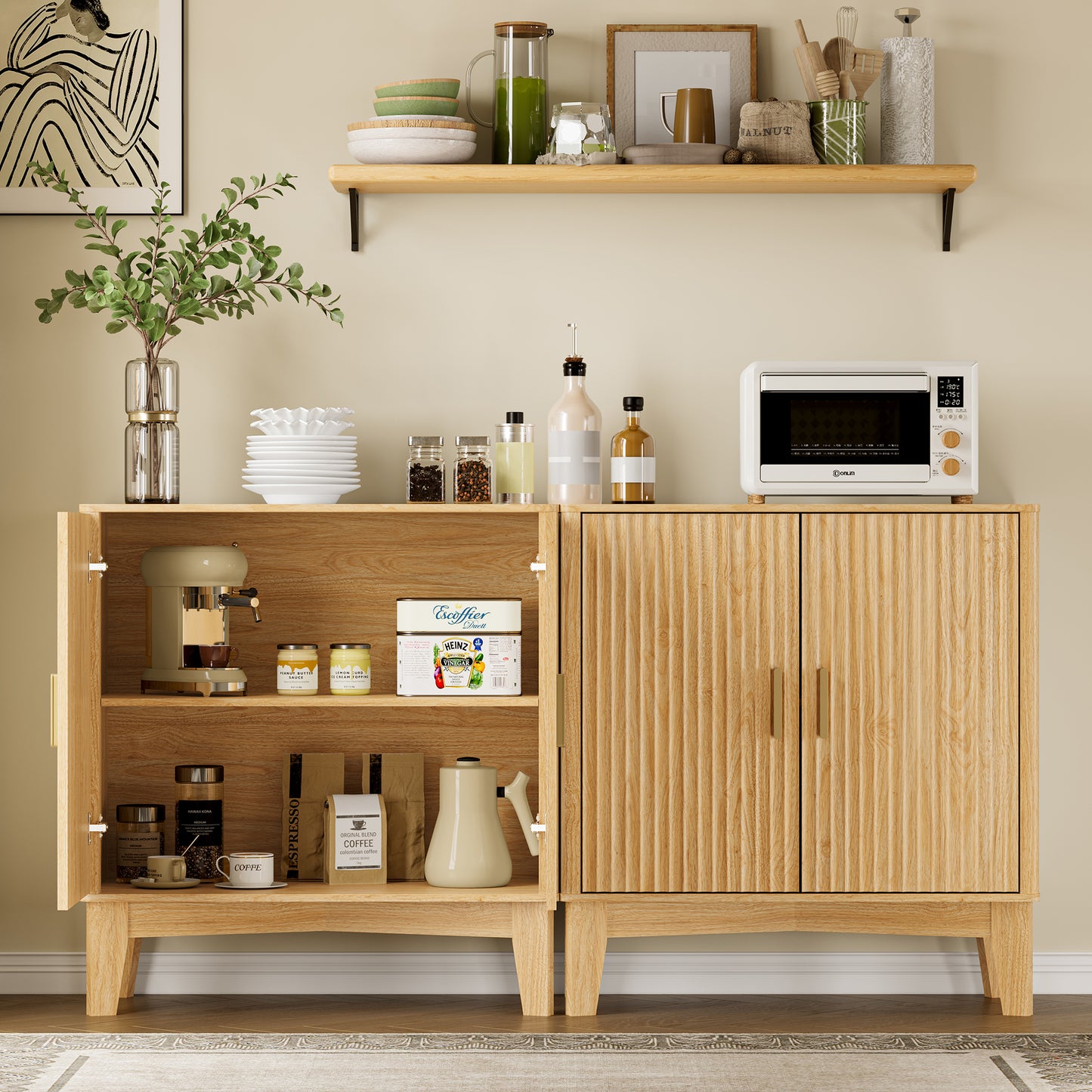 BORNOON Storage Cabinet with Doors and Adjustable Shelf, Modern Fluted Sideboard Buffet Cabinet, Freestanding Coffee Bar for Kitchen, Pantry, Entryway, Living Room (Natural Oak)