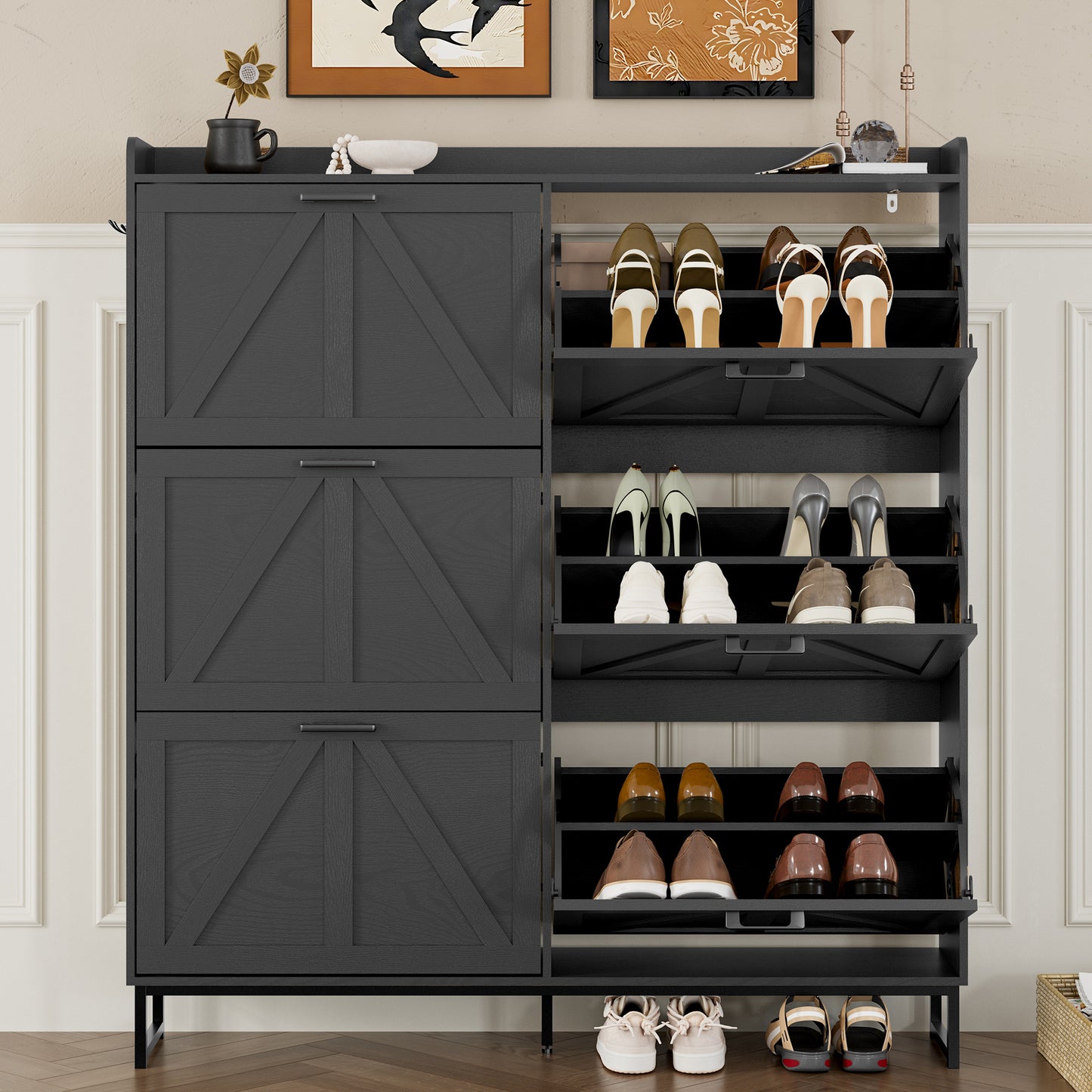 BORNOON Shoe Cabinet with 6 Flip Drawers Narrow Shoe Storage Cabinet Organizer Wooden Freestanding Shoe Rack Hidden Slim Shoes Storage Cabinet for Entryway, Hallway, Living Room, Bedroom