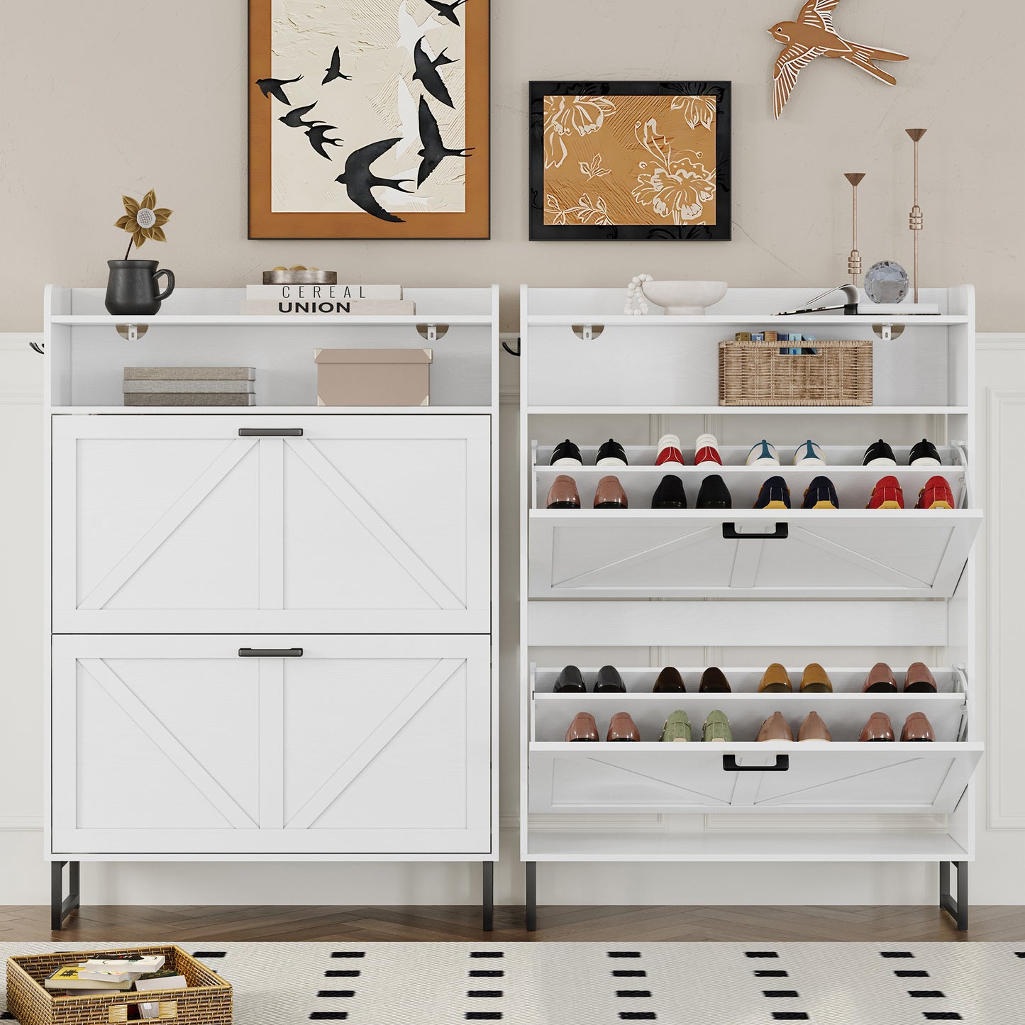 BORNOON Shoe Cabinet with 2 Flip Drawers Narrow Shoe Storage Cabinet Organizer Wooden Freestanding Shoe Rack Hidden Slim Shoes Storage Cabinet for Entryway, Hallway, Bedroom