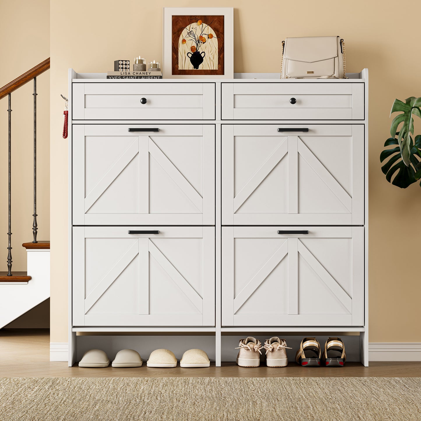 BORNOON Shoe Storage Cabinet for Entryway, Farmhouse Wide Shoe Cabinet with 4 Flip Drawers and 2 Top Drawers, Freestanding Organizer with Adjustable Shelves, Hooks, and Anti-Tip Kit for Hallway