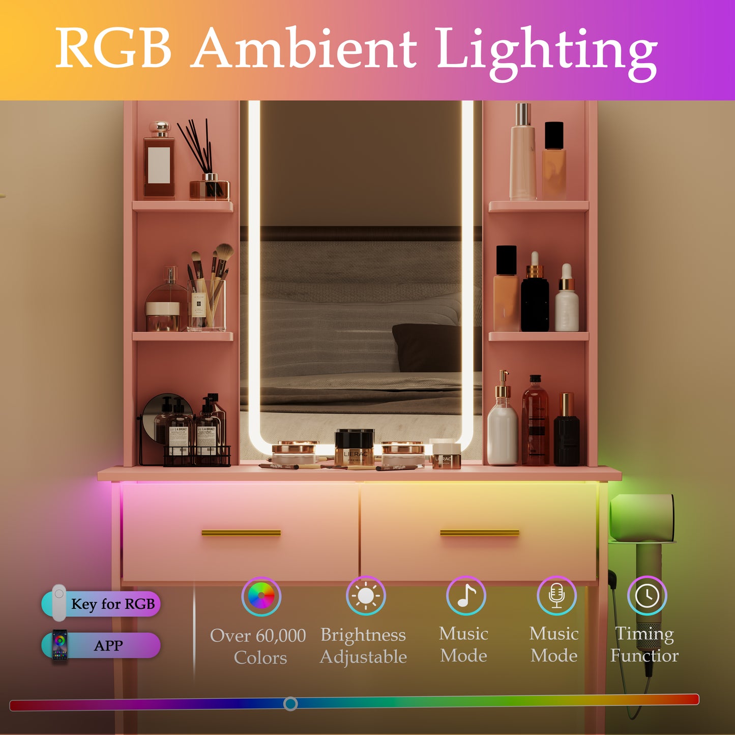 BORNOON Vanity Desk with Mirror and Lights, Small Makeup Vanity Desk with Charging Station, Bedroom Vanity Table with Drawers, Storage Shelves, RGB Ambient Light and Hair Dryer Holder