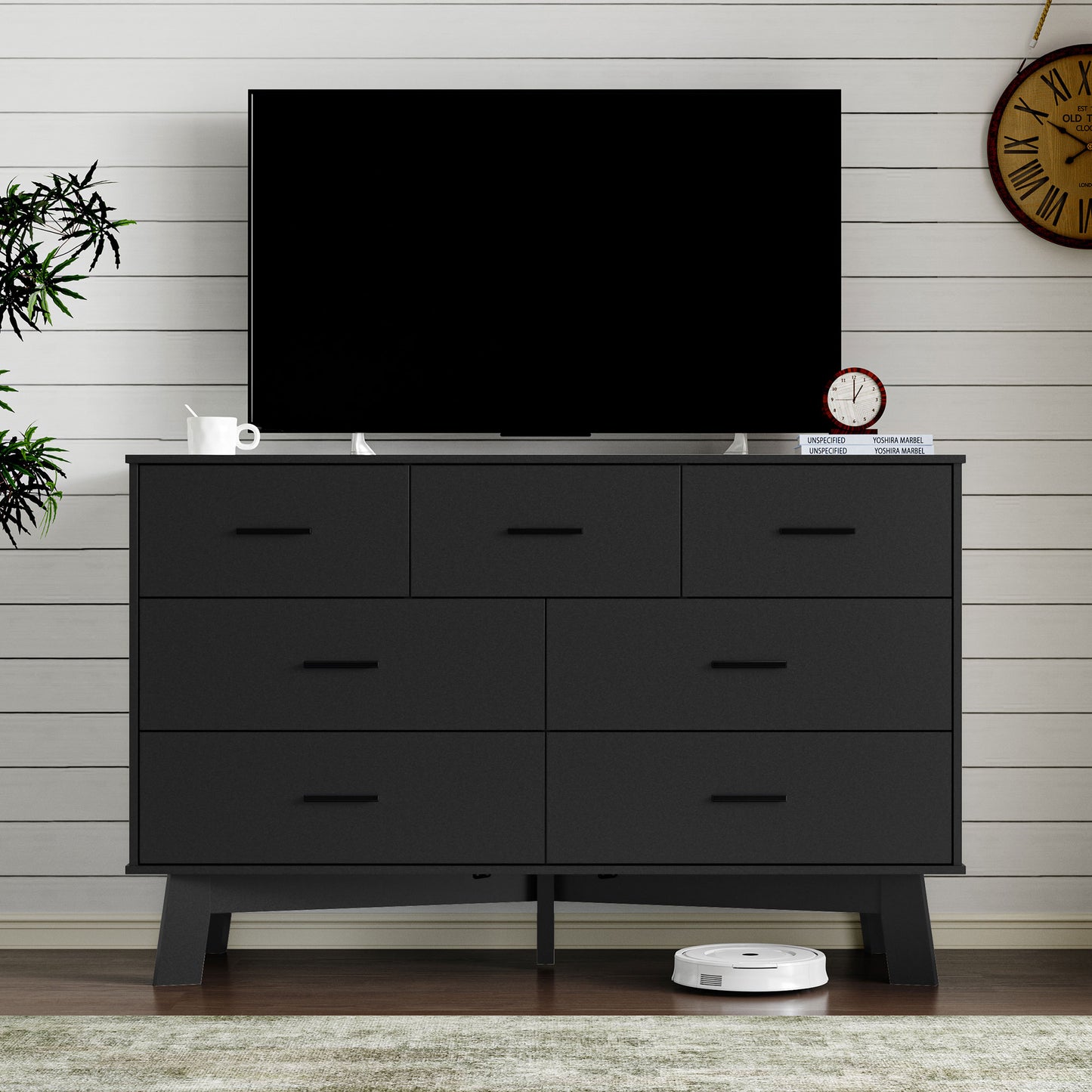 BORNOON Dresser for Bedroom with 7-Drawer, 47.2" Wide Modern Chest of Drawers with Metal Handles, X-Shape Base & Adjustable Center Leg, Anti-Tip Closet Organizers and Storage