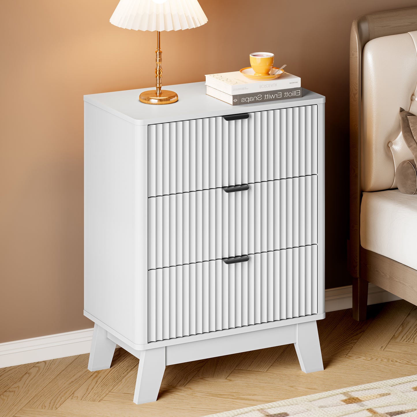 BORNOON Fluted Night Stand with Charging Station, 3 Drawer Bedside Table Dresser with Metal Handles, End Side Table Storage Cabinet for Bedroom