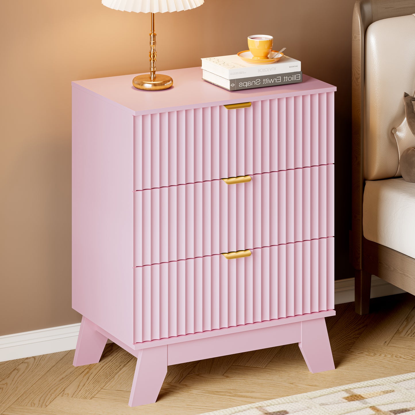 BORNOON Fluted 3 Drawer Dresser, 30.3" Tall Compact Modern Boho Chest of Drawers, Wooden Storage Cabinet for Bedroom, Living Room, Entryway, Curved Profile Design