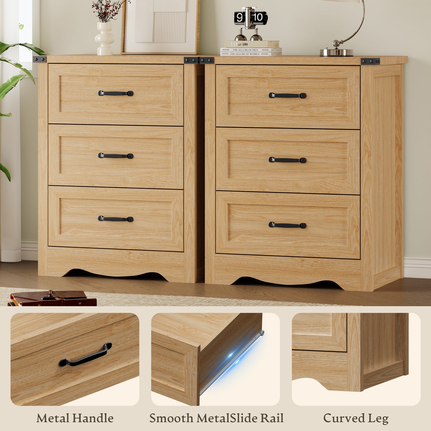 BORNOON 3-Drawer Dresser for Bedroom, Small Wooden Chest of Drawers with Metal Handles, Narrow Storage Cabinet with Anti-Tipping Design, Sturdy Dresser Organizer for Closet, Living Room, Entryway
