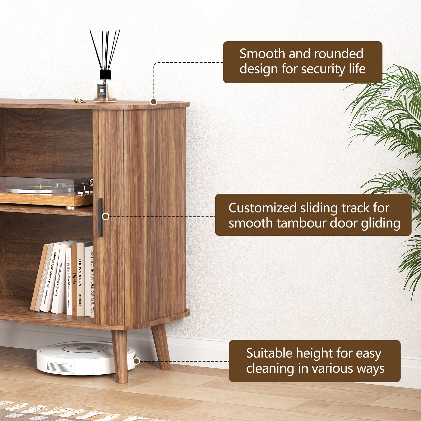 BORNOON Buffet Cabinet with Storage, Curved-Edge Fluted Storage Cabinet Sideboard, Modern Walnut Sideboard Buffet with Adjustable Shelves & Sliding Door for Dining Room, Kitchen, Entryway