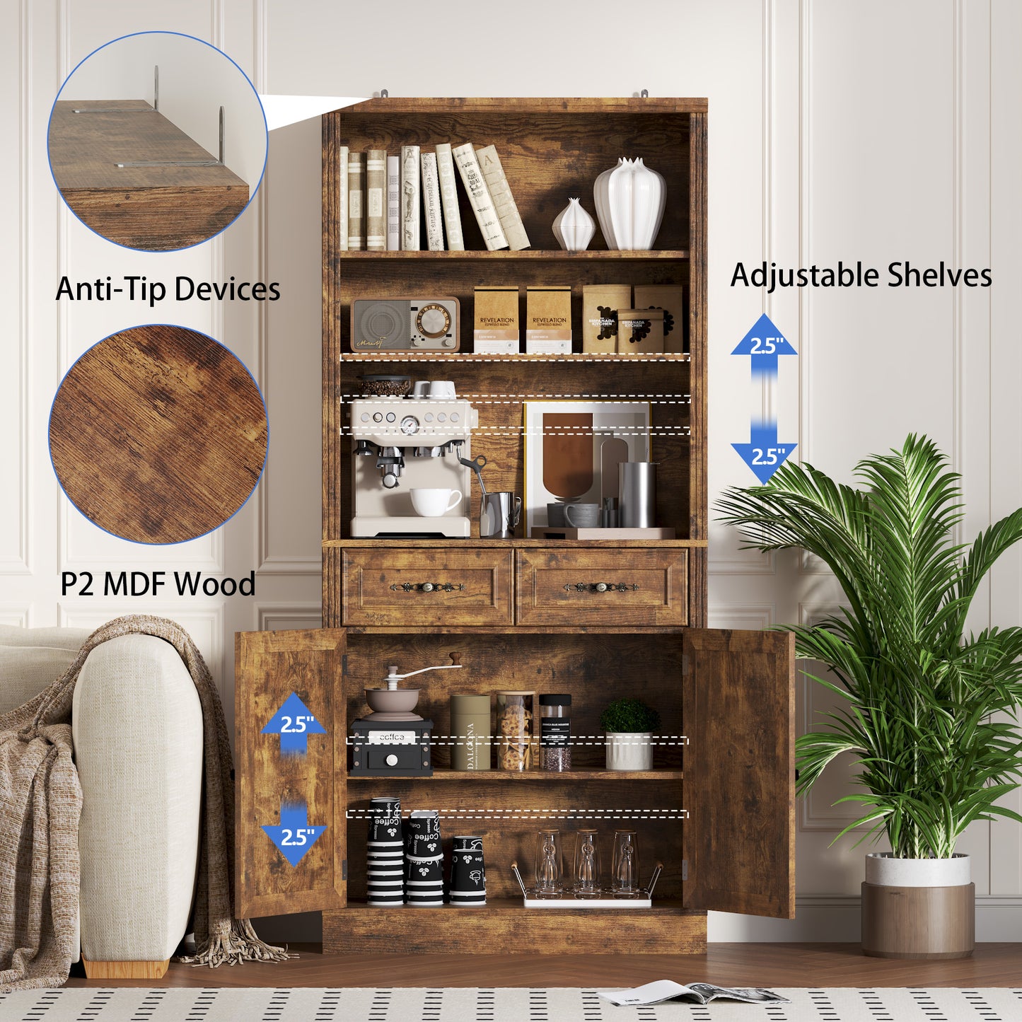 BORNOON 70.1" Tall Bookshelf with Drawers & Cabinet, 5-Tier Floor Standing Bookcase with Storage Doors, Adjustable Shelves & Metal Handles, 31.5" Wide Organizer for Home Office, Living Room