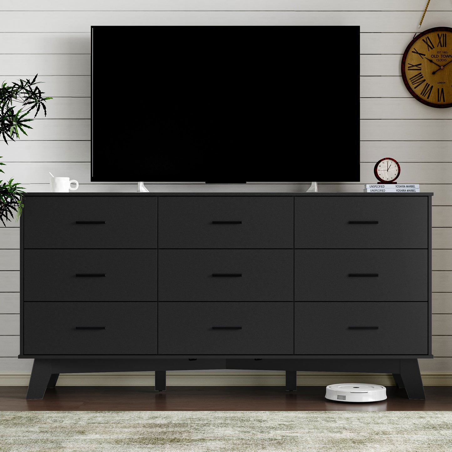 BORNOON Dresser for Bedroom with 9-Drawer, 59" Wide Modern Chest of Drawers with Metal Handles, X-Shape Base & Adjustable Center Leg, Anti-Tip Closet Organizers and Storage