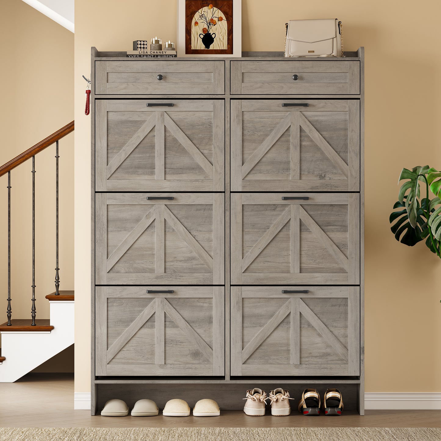 BORNOON Shoe Cabinet for Entryway, Farmhouse Shoe Storage Cabinet with 6 Flip Drawers and 2 Top Drawers, Tall Narrow Shoe Organizer Cabinet with Adjustable Shelves, Side Hooks and Anti-Tip Kit