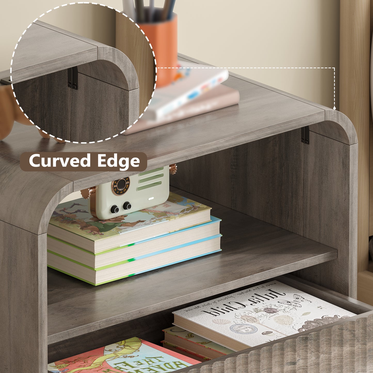 BORNOON Dresser with 2 Drawers and Charging Station, Fluted Bedside Table with Round Curved Corner, Hidden Handles, 2 AC Outlets and 2 USB Ports, Modern Wood End Table with Open Shelf for Bedroom