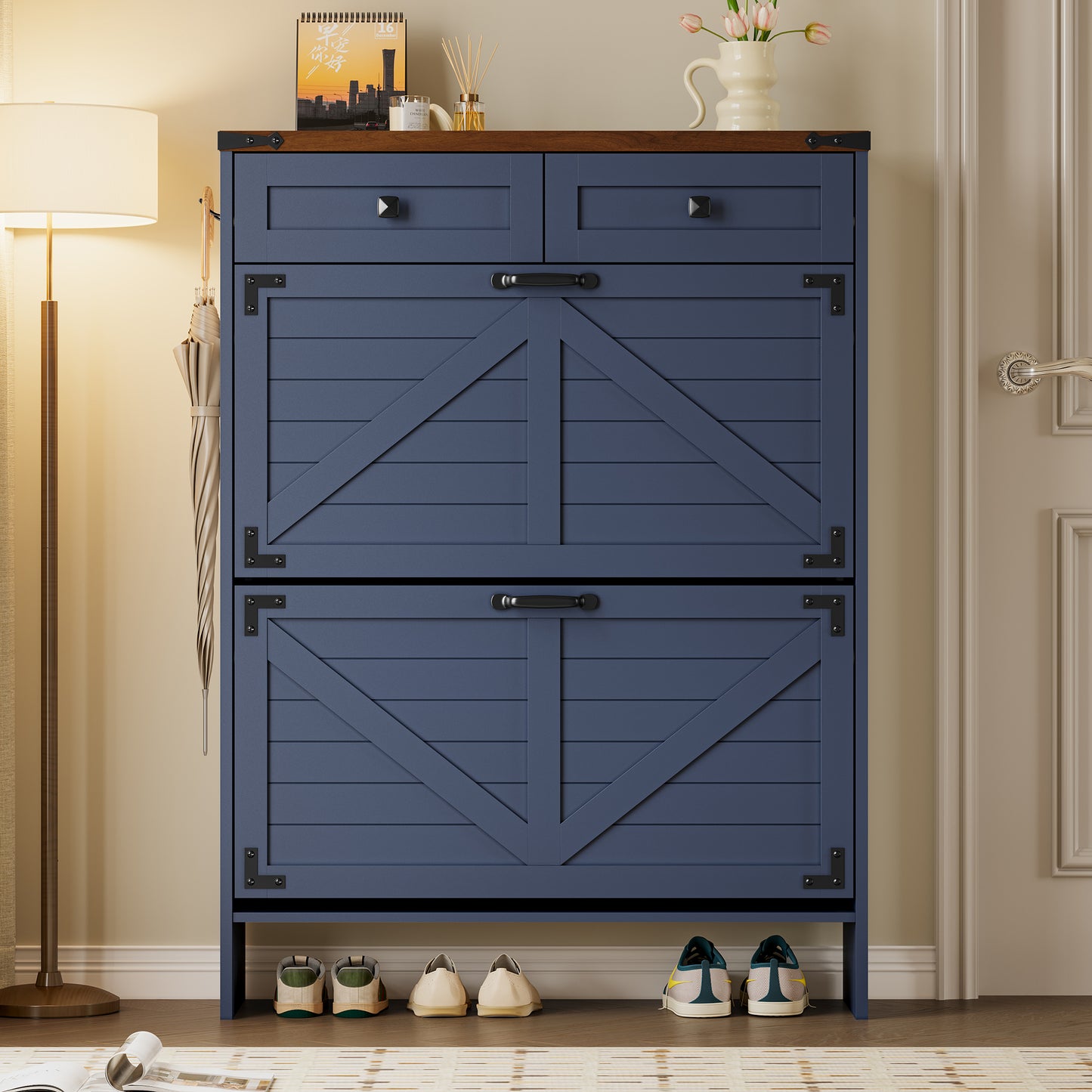 BORNOON Shoe Cabinet with Odor Control Deodorizer and Back Panel, Farmhouse Narrow Shoe Storage Cabinet Rack for Entryway with 2 Flip Drawers and 2 Top Drawers, Adjustable Shelves, Side Hooks