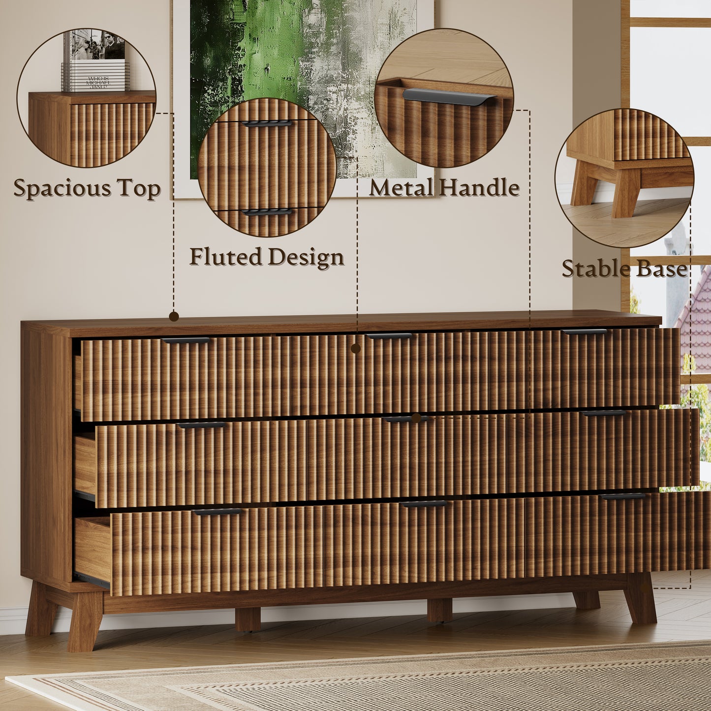 BORNOON 63" Long Dresser for Bedroom, 9-Drawer Fluted Dresser, Extra-Wide Wood Chest of Drawers with Smooth Metal Slides, Stable Base, Modern Clothes Storage Cabinet for Living Room, Hallway, Nursery