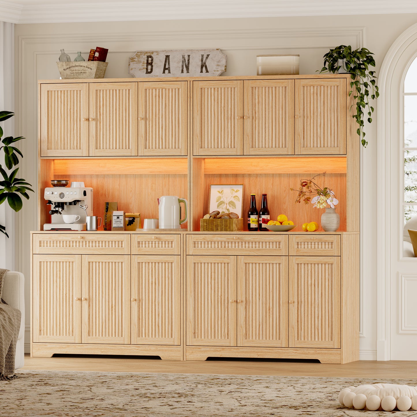 BORNOON Pantry Cabinet with Charging Station and Light, Tall Kitchen Pantry Storage Cabinet with Microwave Stand, Wide Fluted Kitchen Hutch with Storage Drawers and Adjustable Shelves for Dining Room