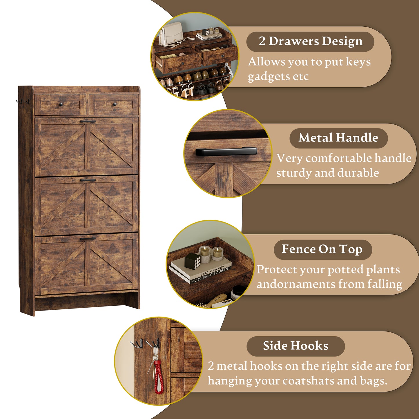 BORNOON Shoe Storage Cabinet for Entryway, Farmhouse Narrow Shoe Cabinet with 3 Flip Drawers & 2 Top Drawers, Adjustable Shelves & Hooks, Freestanding Hidden Rack Organizer for Hallway, Foyer