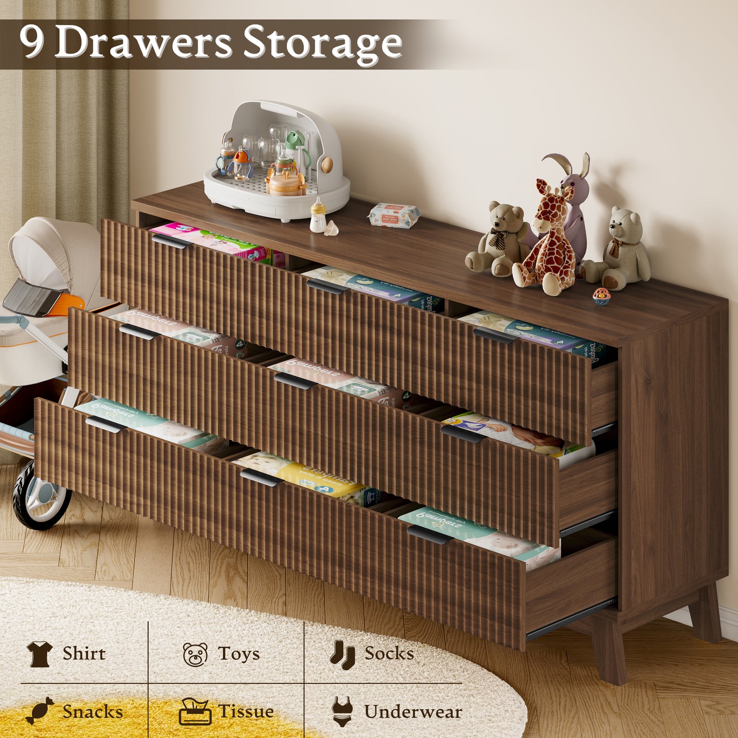 BORNOON 63" Long Dresser for Bedroom, 9-Drawer Fluted Dresser, Extra-Wide Wood Chest of Drawers with Smooth Metal Slides, Stable Base, Modern Clothes Storage Cabinet for Living Room, Hallway, Nursery
