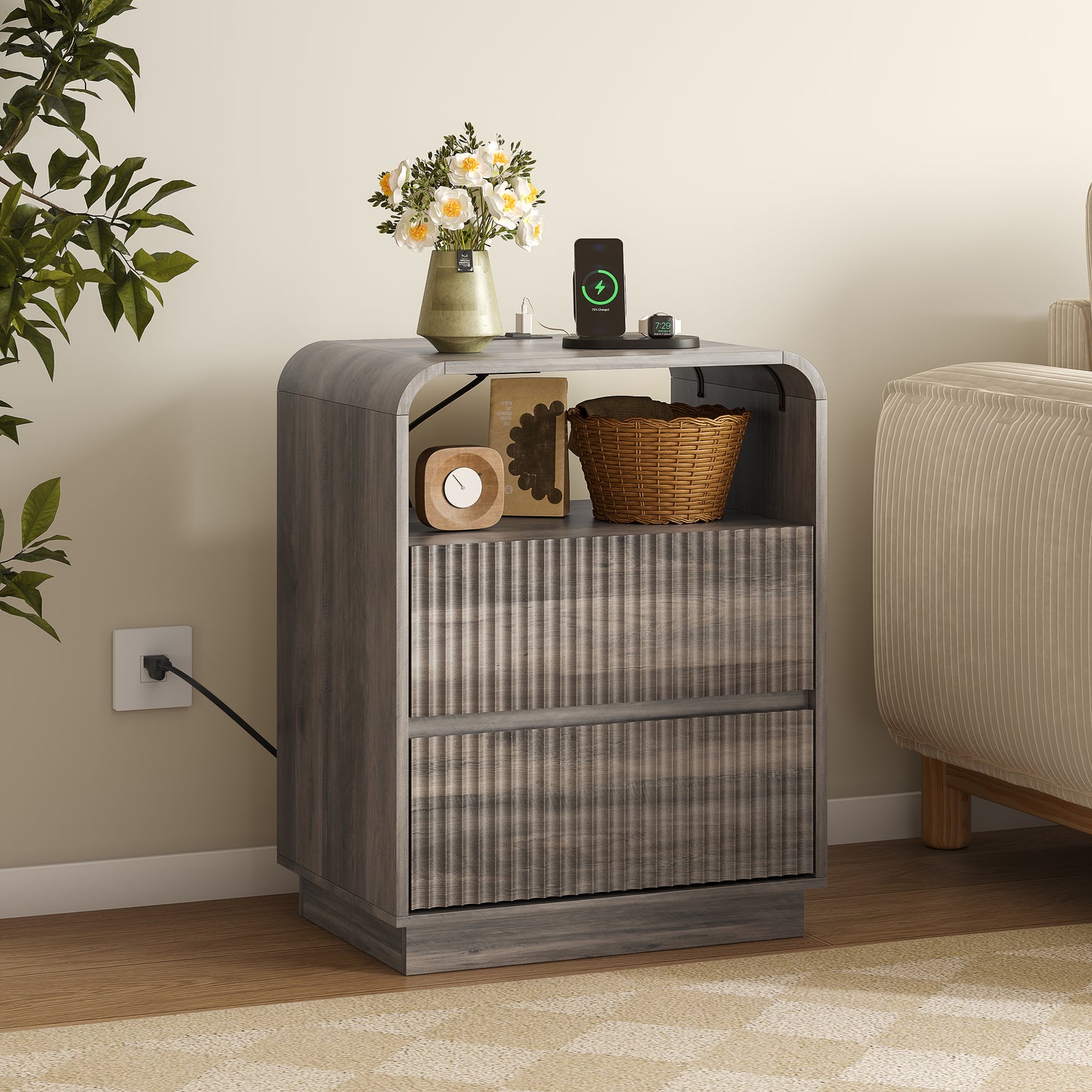BORNOON Dresser with 2 Drawers and Charging Station, Fluted Bedside Table with Round Curved Corner, Hidden Handles, 2 AC Outlets and 2 USB Ports, Modern Wood End Table with Open Shelf for Bedroom