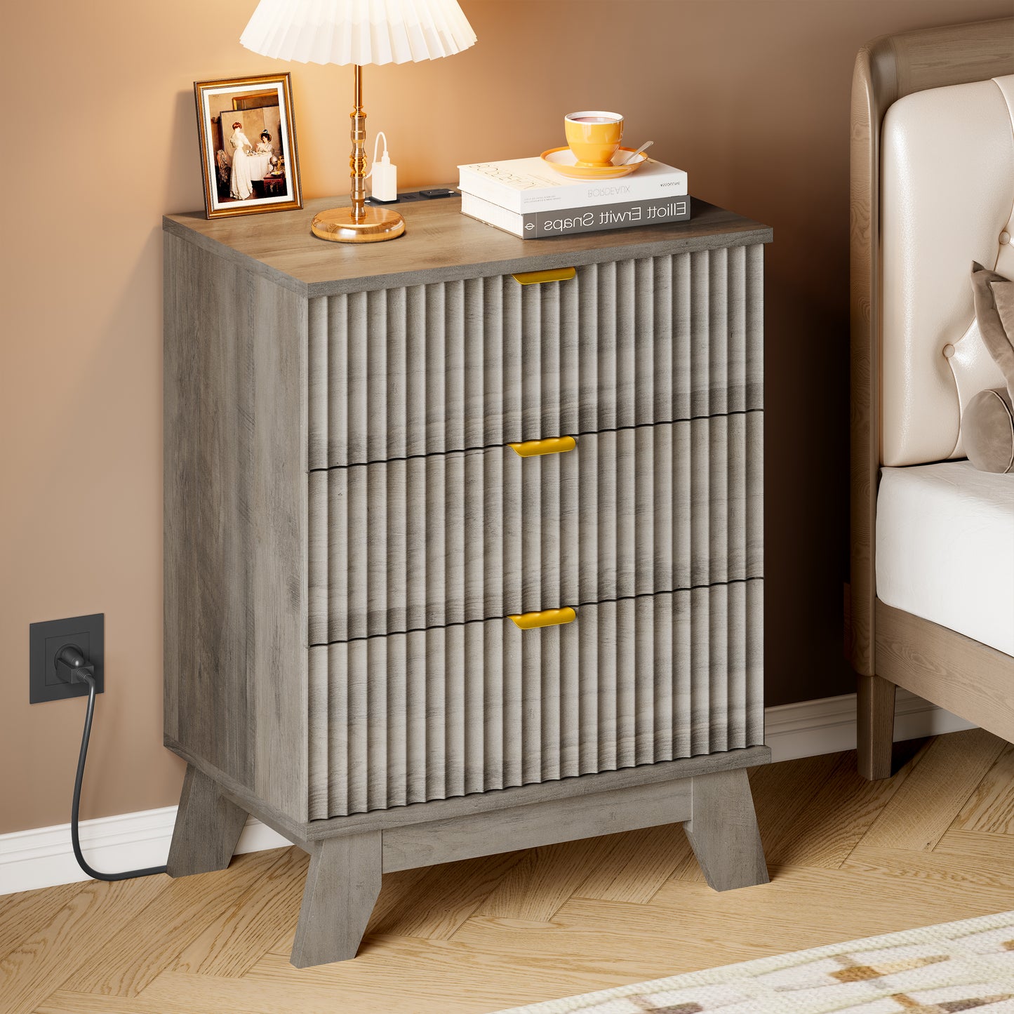 BORNOON Fluted Night Stand with 3 Drawers, Rounded Edge Bedside Table Dresser with Gold Handles, End Side Table Storage Cabinet for Bedroom