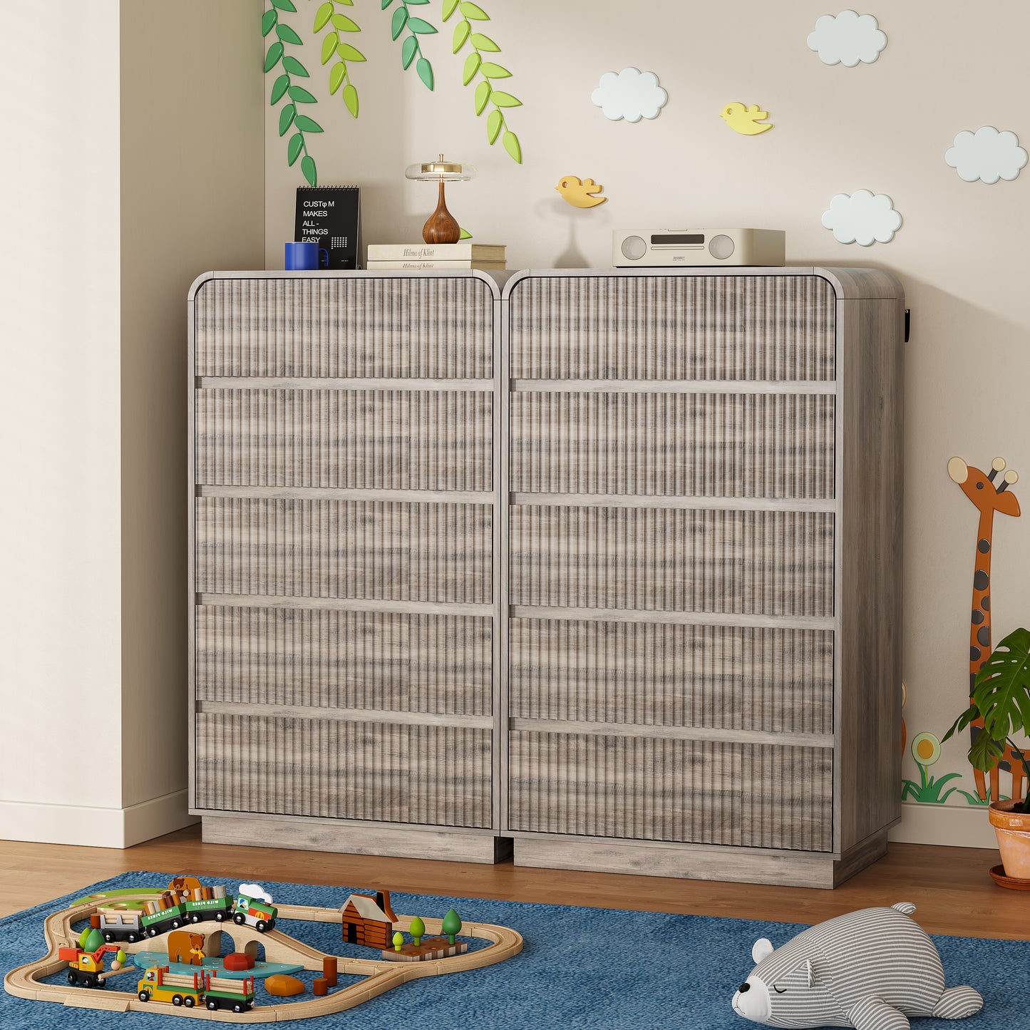 BORNOON Tall Dresser for Bedroom with 5 Drawers, Fluted Chest of Drawers with Round Curved Corner, Hidden Handles, Modern Wood Storage Organizer for Bedroom, Nursery, Living Room