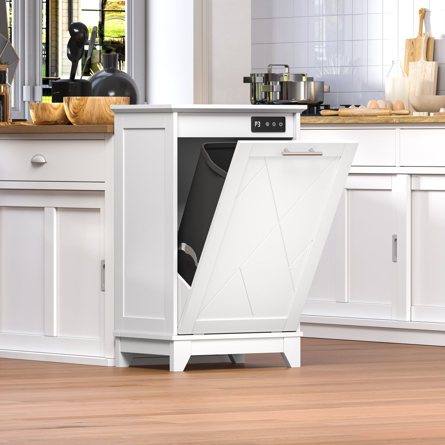 BORNOON Tilt Out Trash Can Cabinet, Hidden Trash Can Cabinet with Odor Control, Negative Ion & Ozone, Wooden Laundry Hamper Cabinet, Single Trash Cabinet for Kitchen, Bathroom, Laundry Room, White