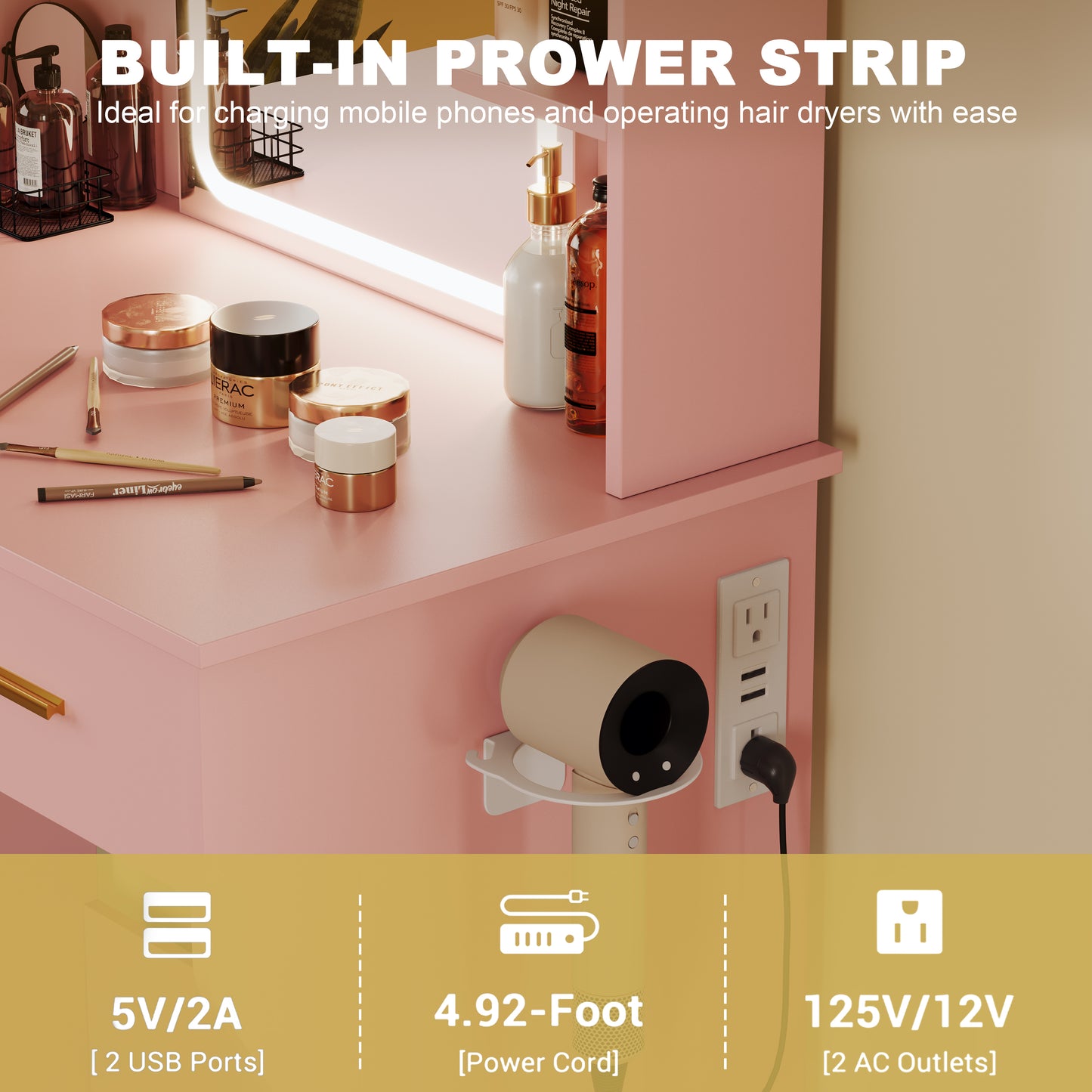 BORNOON Vanity Desk with Mirror and Lights, Small Makeup Vanity Desk with Charging Station, Bedroom Vanity Table with Drawers, Storage Shelves, RGB Ambient Light and Hair Dryer Holder