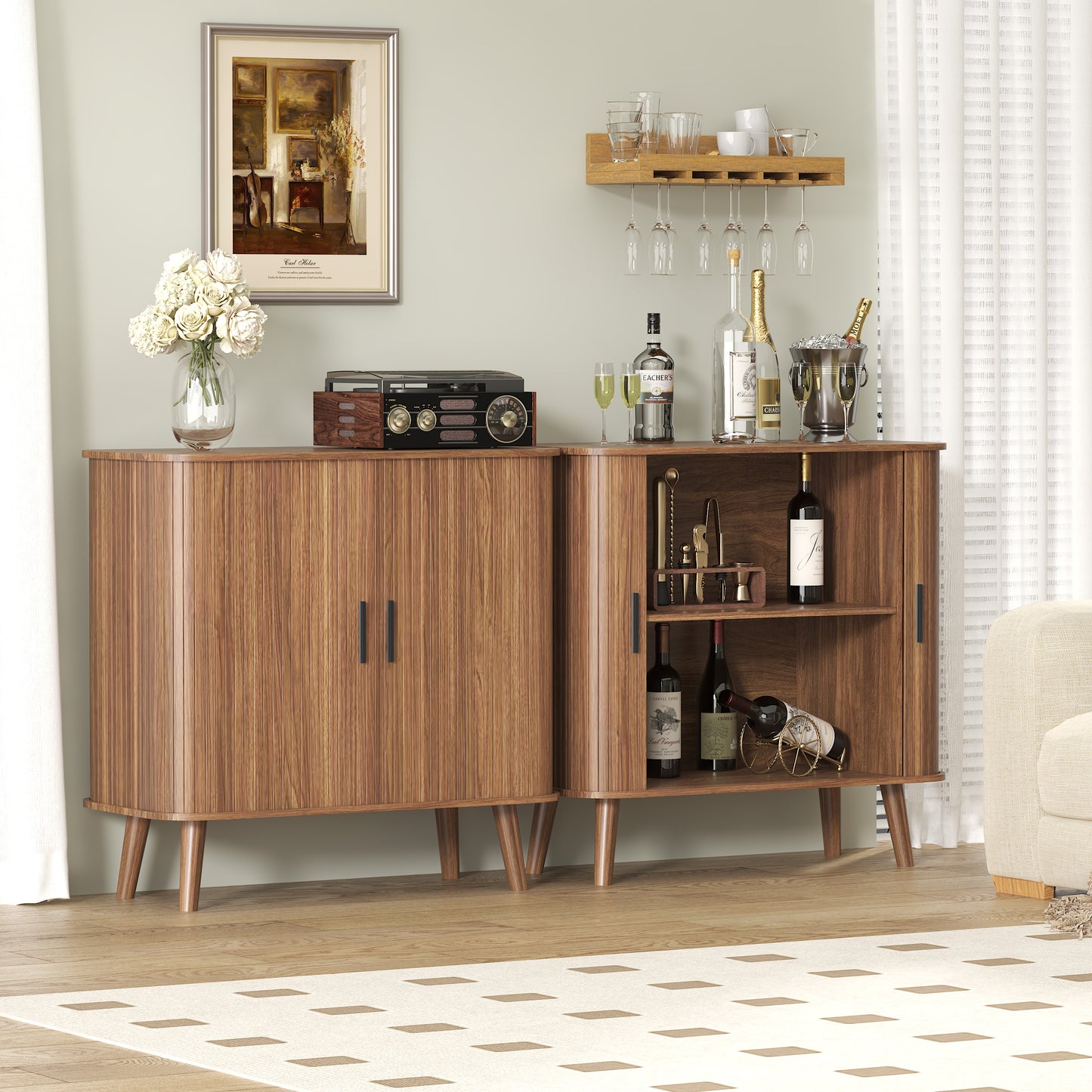 BORNOON Buffet Cabinet with Storage, Curved-Edge Fluted Storage Cabinet Sideboard, Modern Walnut Sideboard Buffet with Adjustable Shelves & Sliding Door for Dining Room, Kitchen, Entryway