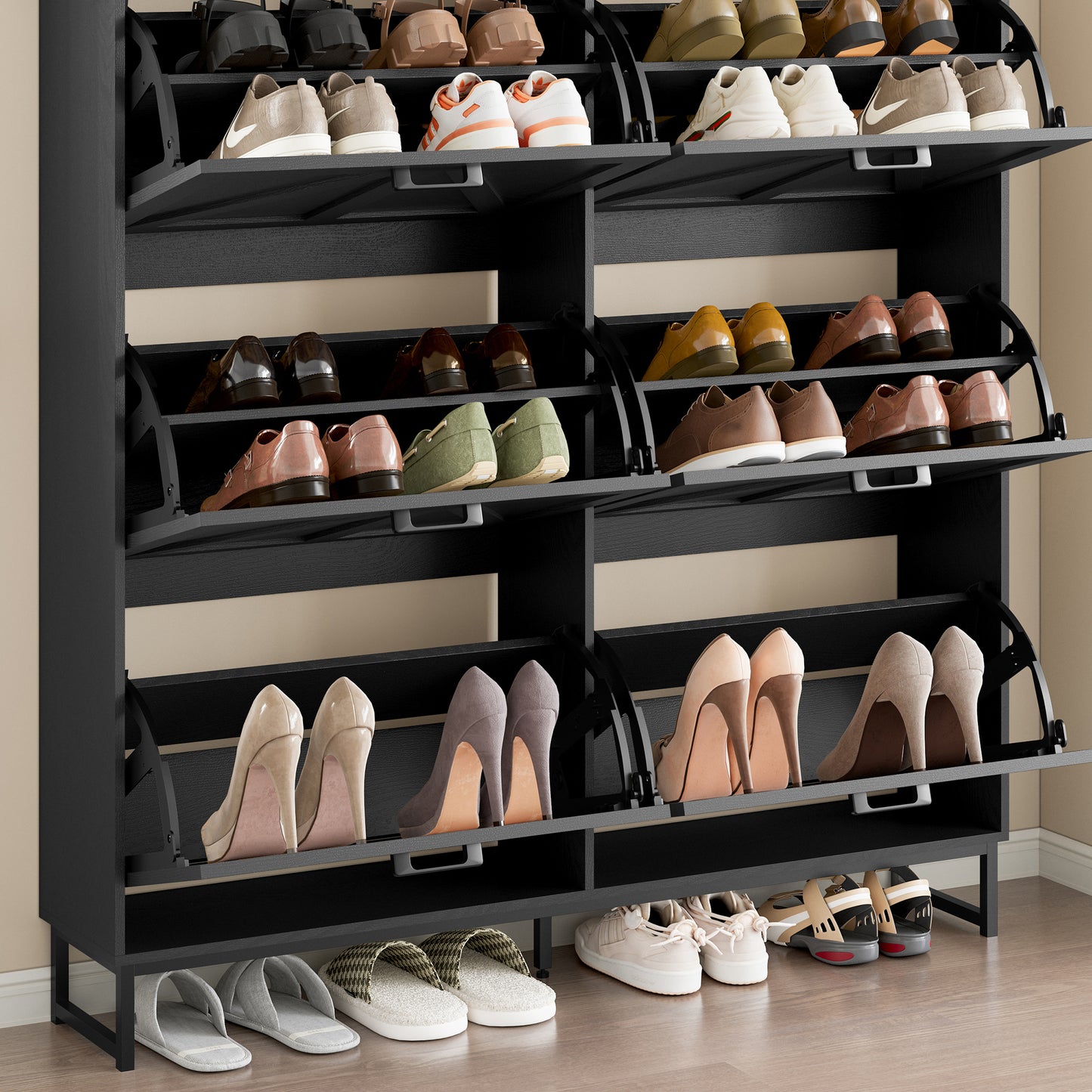 BORNOON Shoe Cabinet with 6 Flip Drawers Narrow Shoe Storage Cabinet Organizer Wooden Freestanding Shoe Rack Hidden Slim Shoes Storage Cabinet for Entryway, Hallway, Living Room, Bedroom