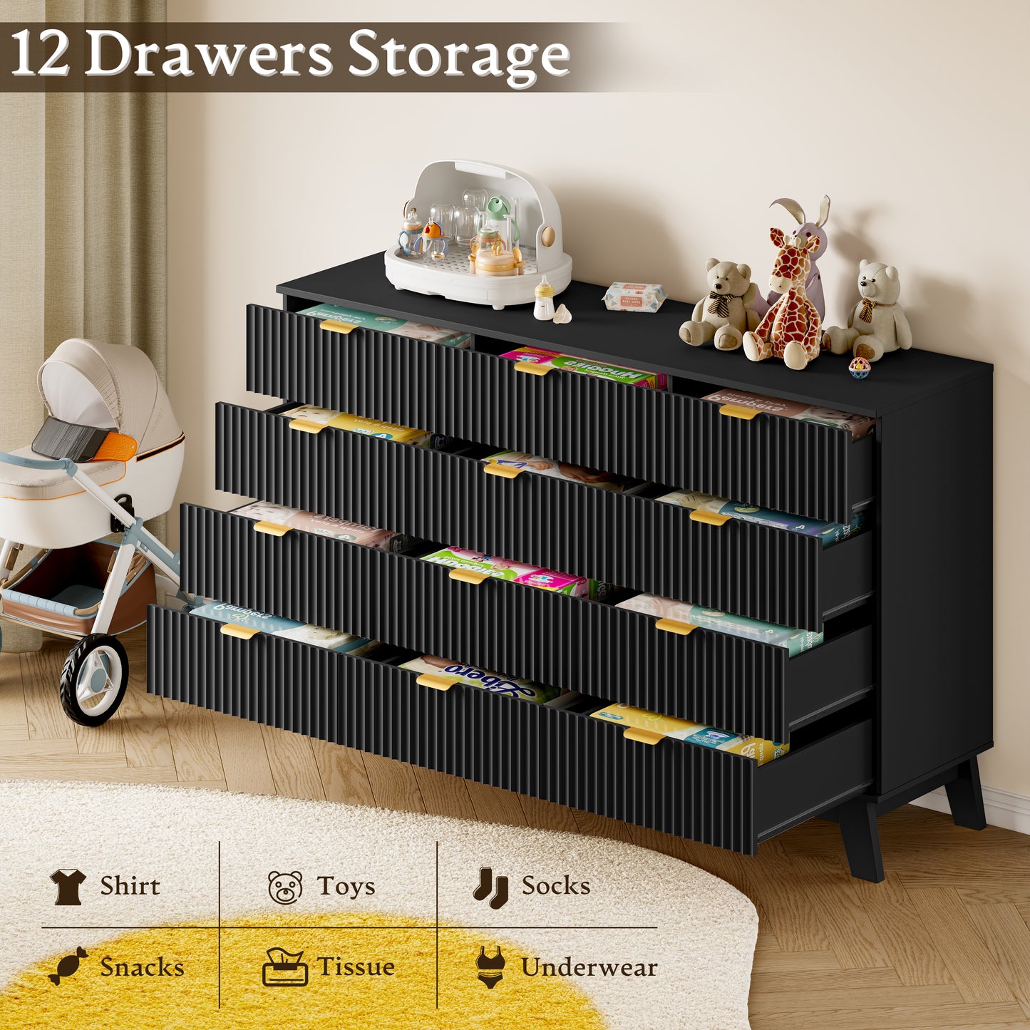 BORNOON 57" Wide Dresser for Bedroom, 12-Drawer Fluted Dresser with Metal Handles, Wood Chest of Drawers with Smooth Slides and Stable Base, Storage Cabinet for Living Room, Nursery, Timeless Noir