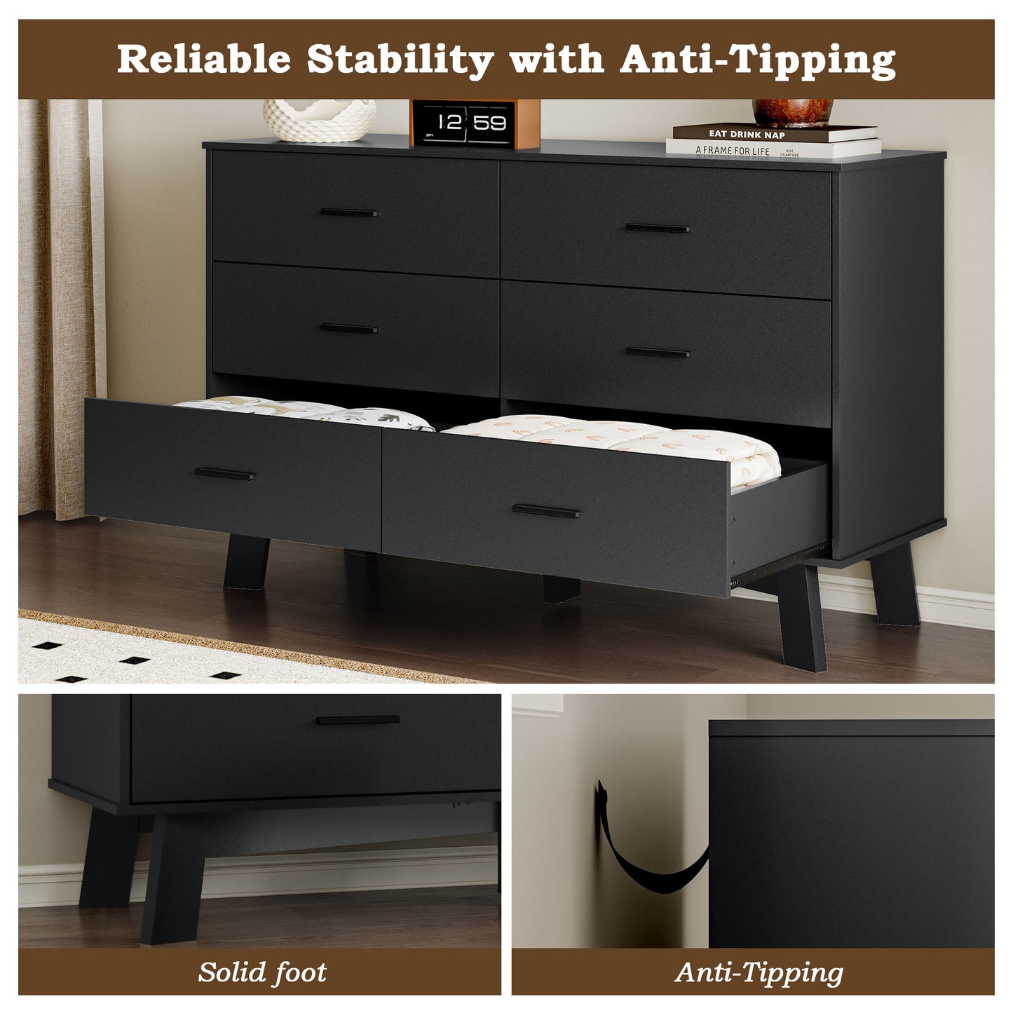 BORNOON Dresser for Bedroom with 6-Drawer, 47.2" Modern Chest of Drawers with Metal Handles, X-Shape Base & Adjustable Center Leg, Anti-Tip Closet Organizers and Storage