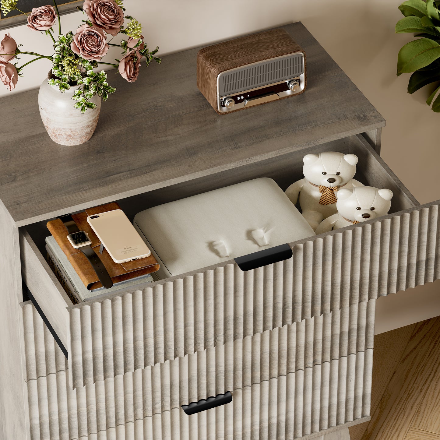 BORNOON 39" Tall Dresser for Bedroom, 4-Drawer Fluted Chest of Drawers, Modern Wood Highboy with Deep Storage, Metal Slides & Handles, Anti-Tip Kit, Vertical Clothes Organizer for Apartment, Nursery