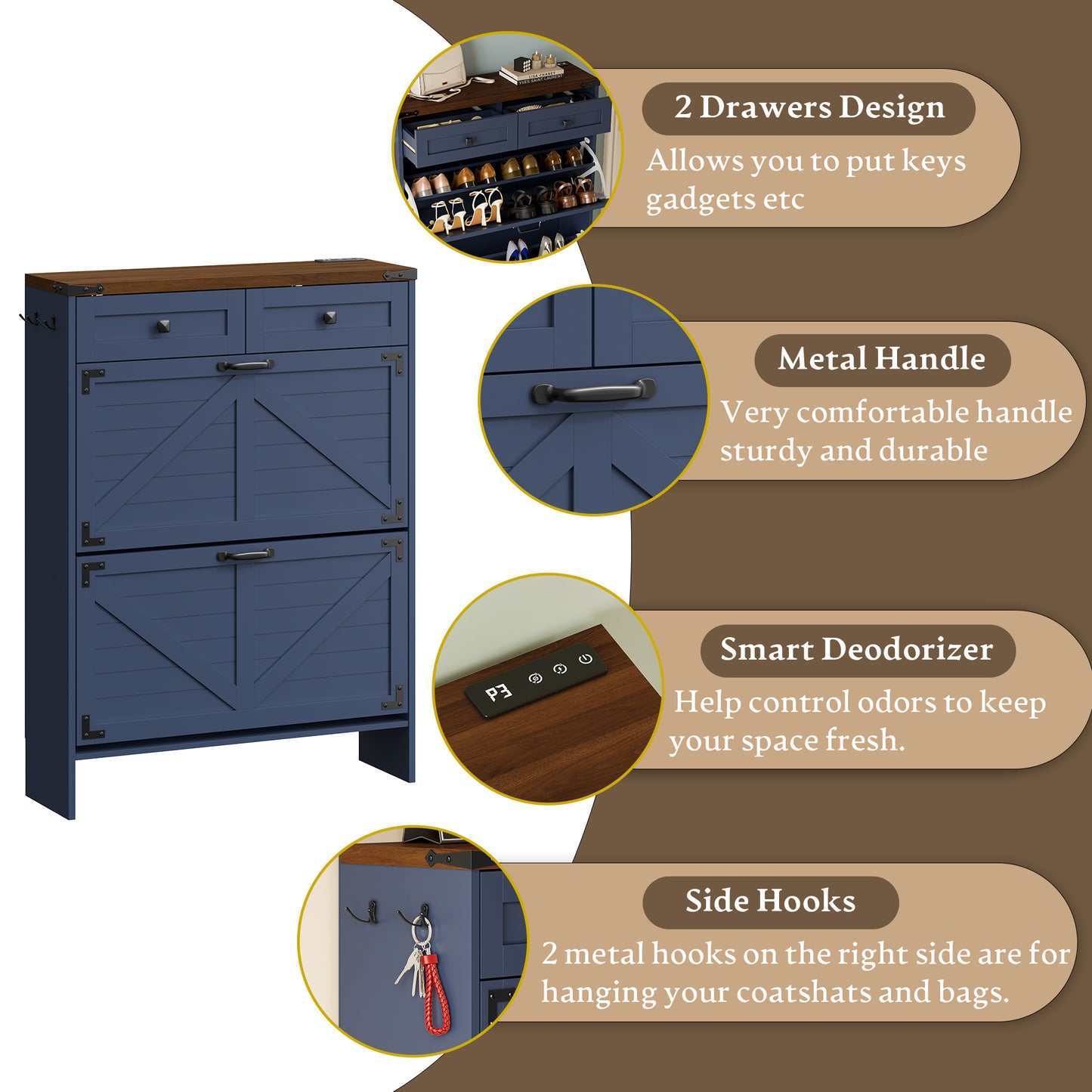 BORNOON Shoe Cabinet with Odor Control Deodorizer and Back Panel, Farmhouse Narrow Shoe Storage Cabinet Rack for Entryway with 2 Flip Drawers and 2 Top Drawers, Adjustable Shelves, Side Hooks
