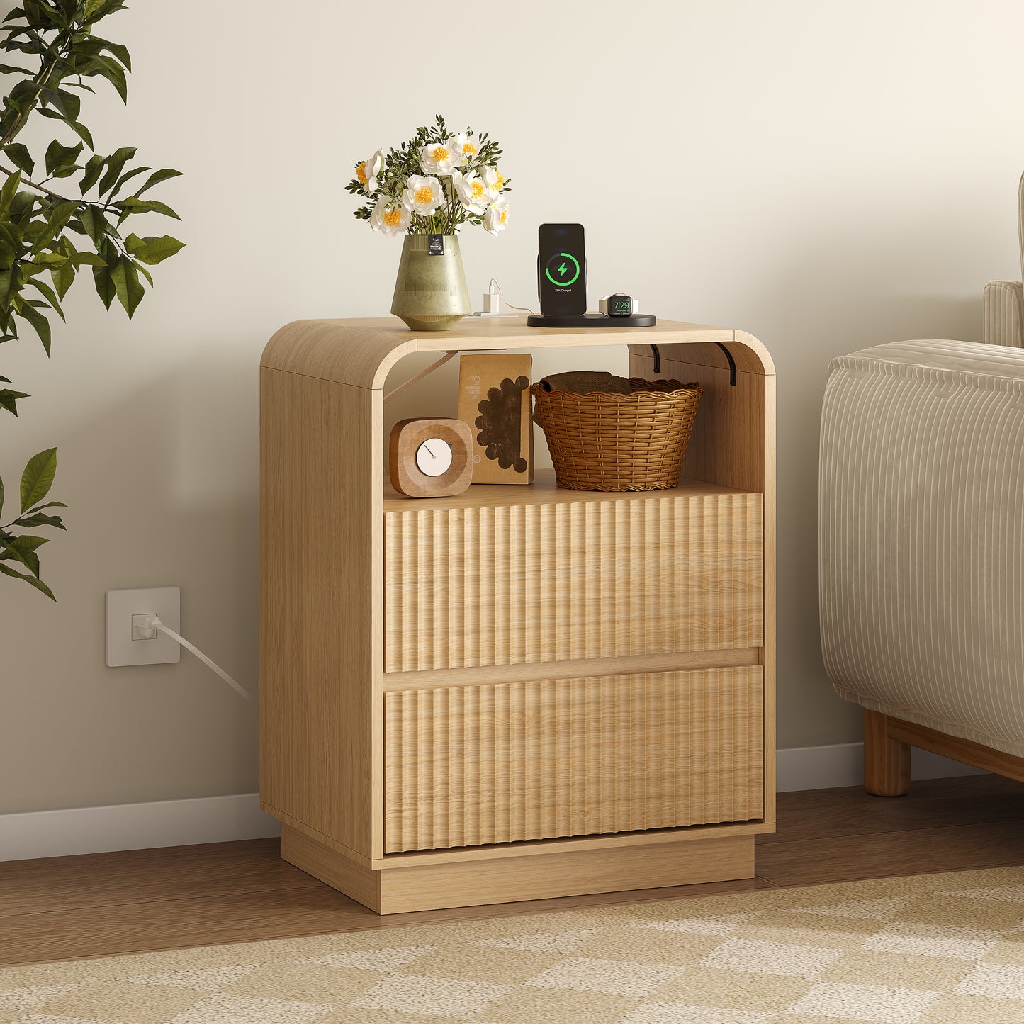 BORNOON Nightstand with Charging Station, Fluted Bedside Table with Round Curved Corner, Hidden Handles, 2 AC Outlets and 2 USB Ports, Modern Wood End Table with Open Shelf for Bedroom