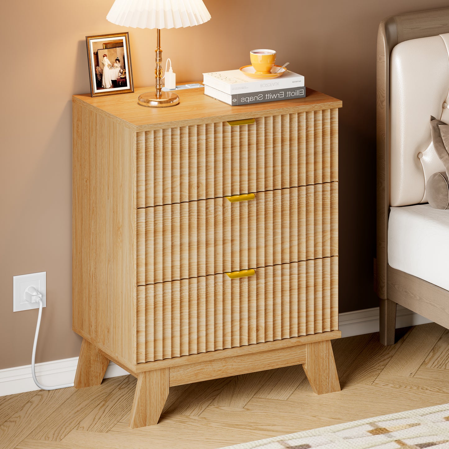 BORNOON Fluted Night Stand with 3 Drawers, Rounded Edge Bedside Table Dresser with Gold Handles, End Side Table Storage Cabinet for Bedroom