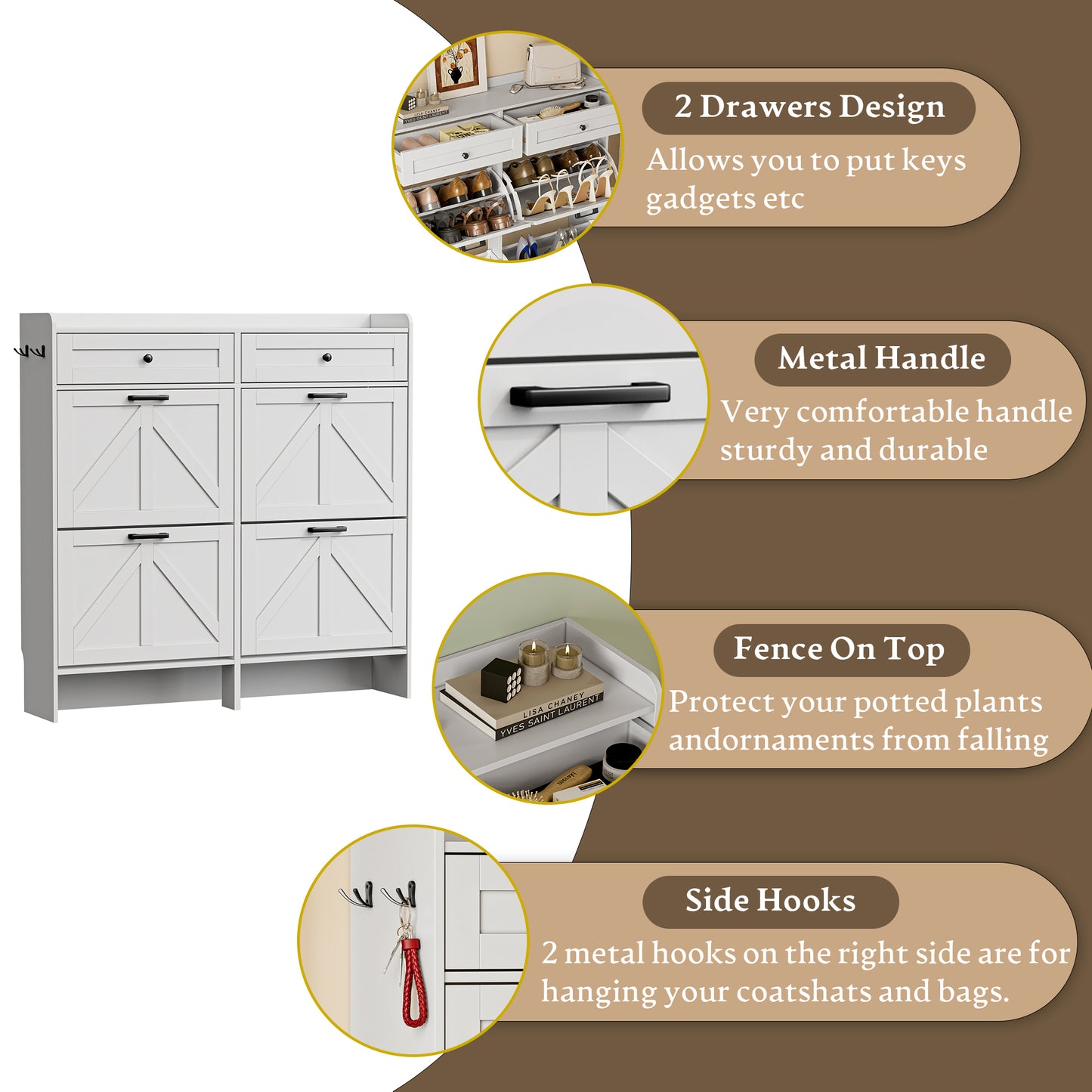 BORNOON Shoe Storage Cabinet for Entryway, Farmhouse Wide Shoe Cabinet with 4 Flip Drawers and 2 Top Drawers, Freestanding Organizer with Adjustable Shelves, Hooks, and Anti-Tip Kit for Hallway