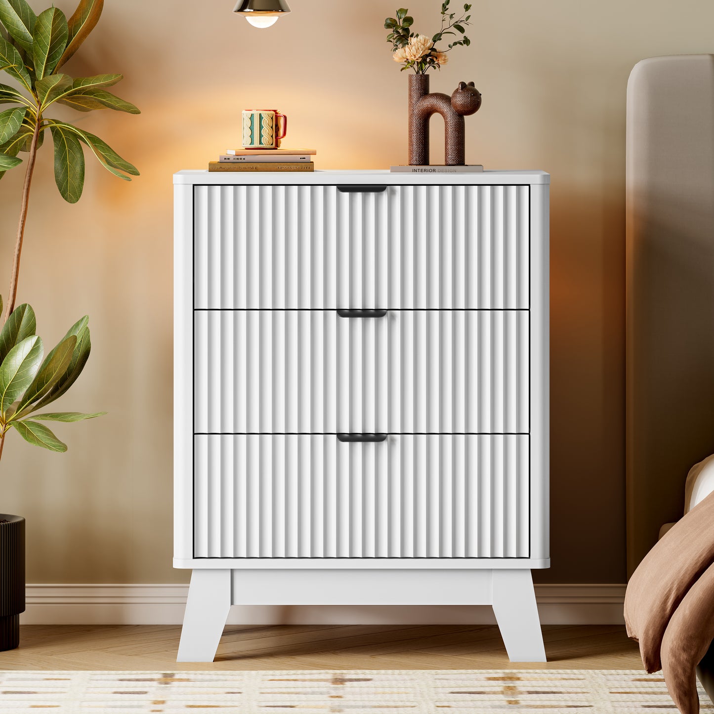 BORNOON Fluted Night Stand with Charging Station, 3 Drawer Bedside Table Dresser with Metal Handles, End Side Table Storage Cabinet for Bedroom