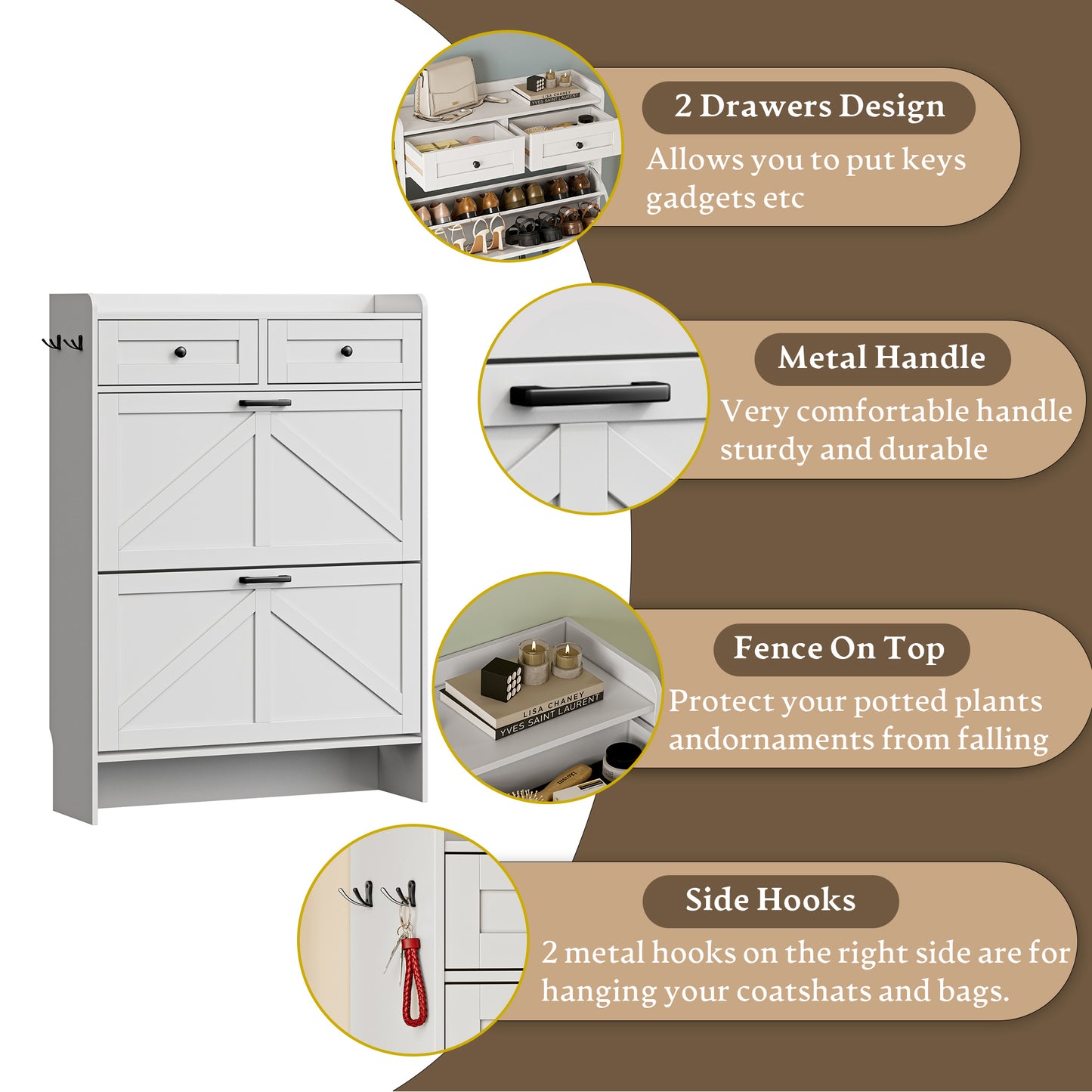 BORNOON Shoe Storage Cabinet for Entryway, Farmhouse Narrow Shoe Cabinet with 2 Flip Drawers & Top Drawers, Adjustable Shelves & Hooks, Freestanding Hidden Rack Organizer for Hallway, Foyer