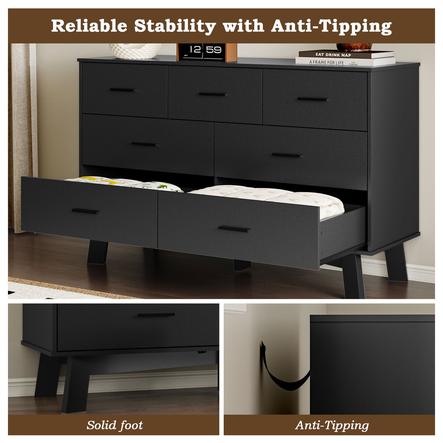 BORNOON Dresser for Bedroom with 7-Drawer, 47.2" Wide Modern Chest of Drawers with Metal Handles, X-Shape Base & Adjustable Center Leg, Anti-Tip Closet Organizers and Storage