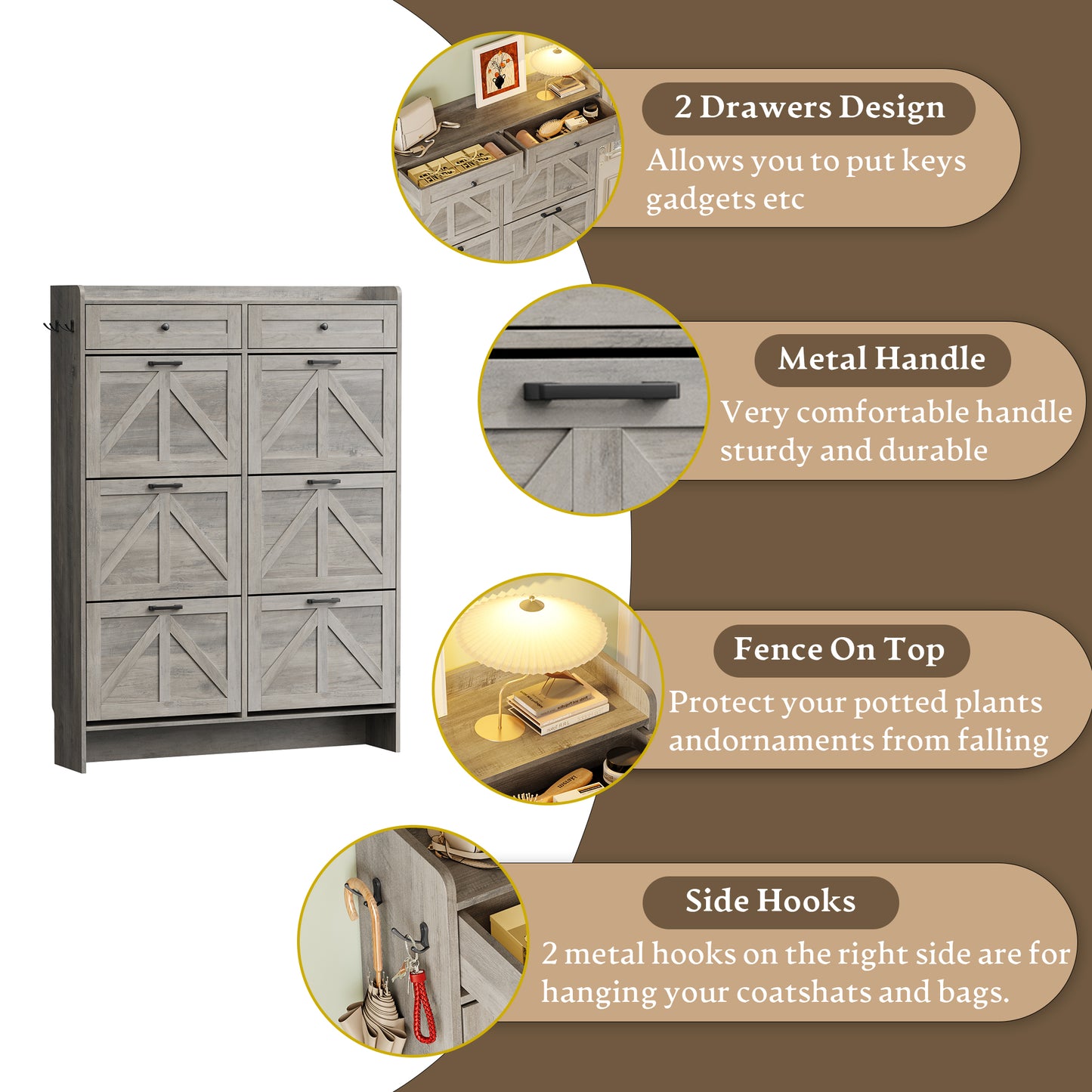 BORNOON Shoe Cabinet for Entryway, Farmhouse Shoe Storage Cabinet with 6 Flip Drawers and 2 Top Drawers, Tall Narrow Shoe Organizer Cabinet with Adjustable Shelves, Side Hooks and Anti-Tip Kit