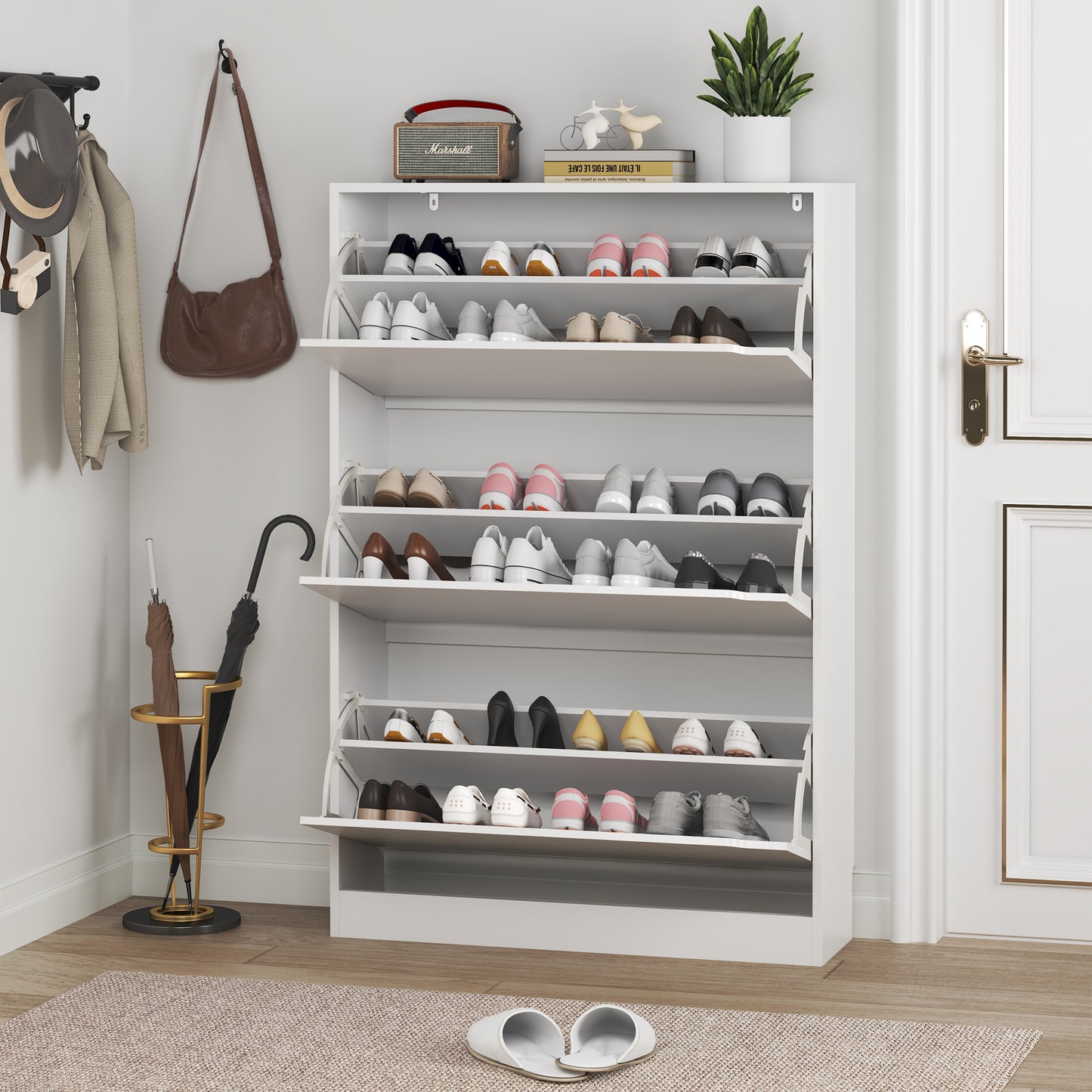 BORNOON Shoe Cabinet with 3 Flip Drawers, Slim Narrow Shoe Storage Cabinet, Freestanding Shoe Organizer with Adjustable & Removable Shelves, Top Display Shelf for Entryway, Hallway, Foyer, Closet
