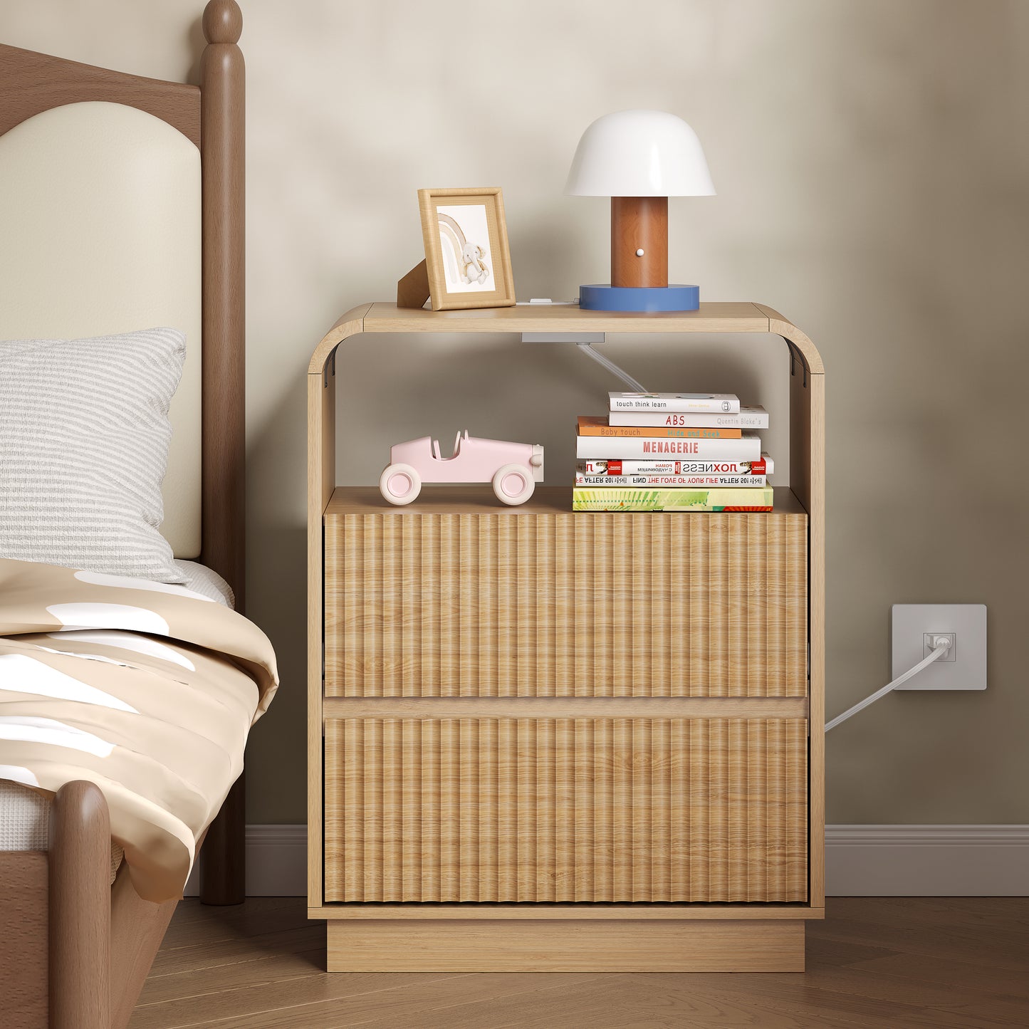BORNOON Nightstand with Charging Station, Fluted Bedside Table with Round Curved Corner, Hidden Handles, 2 AC Outlets and 2 USB Ports, Modern Wood End Table with Open Shelf for Bedroom