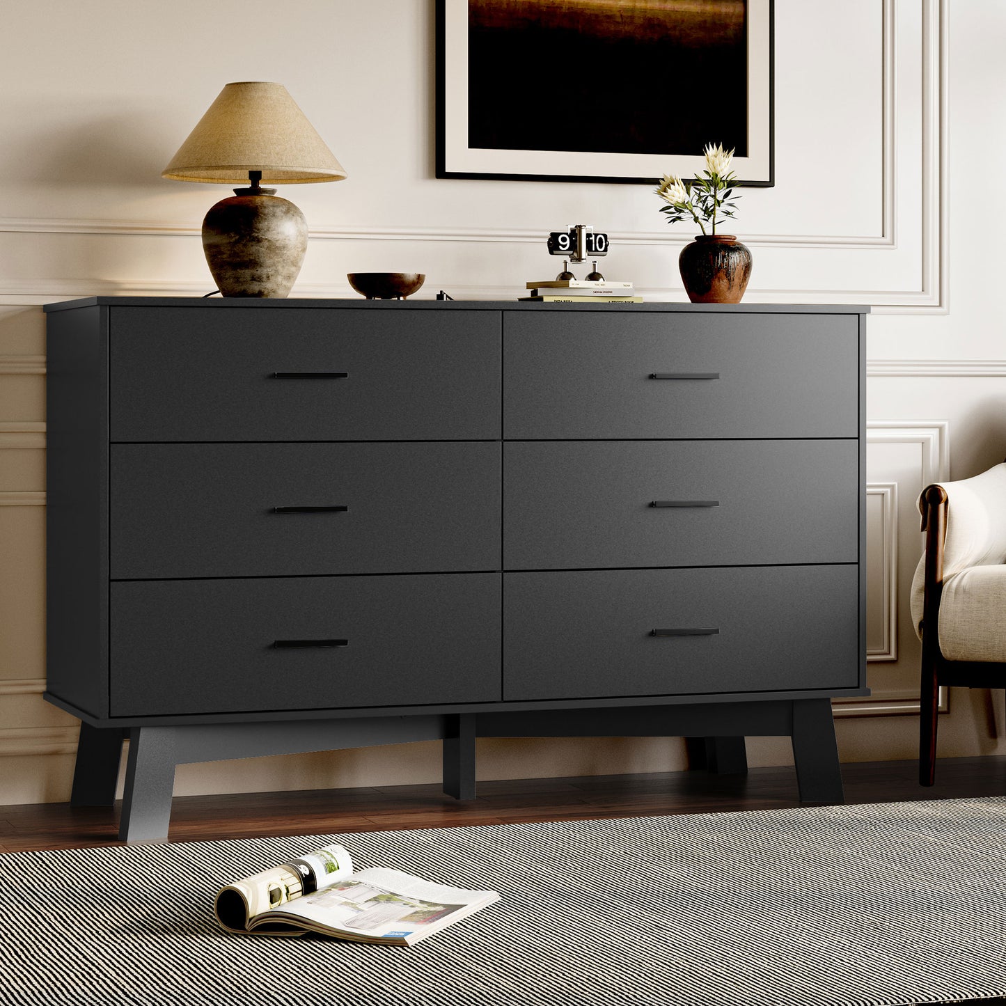 BORNOON Dresser for Bedroom with 6-Drawer, 47.2" Modern Chest of Drawers with Metal Handles, X-Shape Base & Adjustable Center Leg, Anti-Tip Closet Organizers and Storage