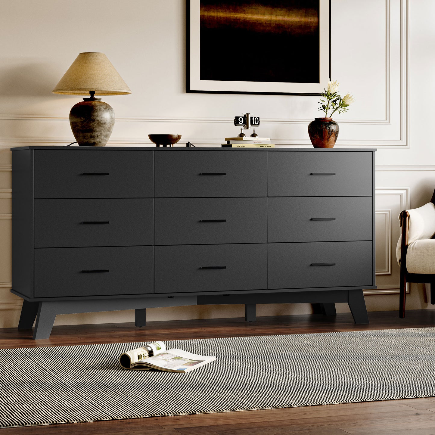BORNOON Dresser for Bedroom with 9-Drawer, 59" Wide Modern Chest of Drawers with Metal Handles, X-Shape Base & Adjustable Center Leg, Anti-Tip Closet Organizers and Storage