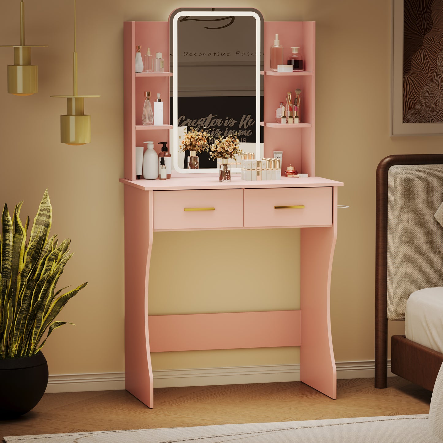 BORNOON Vanity Desk with Mirror and Lights, Small Makeup Vanity Desk with Charging Station, Bedroom Vanity Table with Drawers, Storage Shelves, RGB Ambient Light and Hair Dryer Holder
