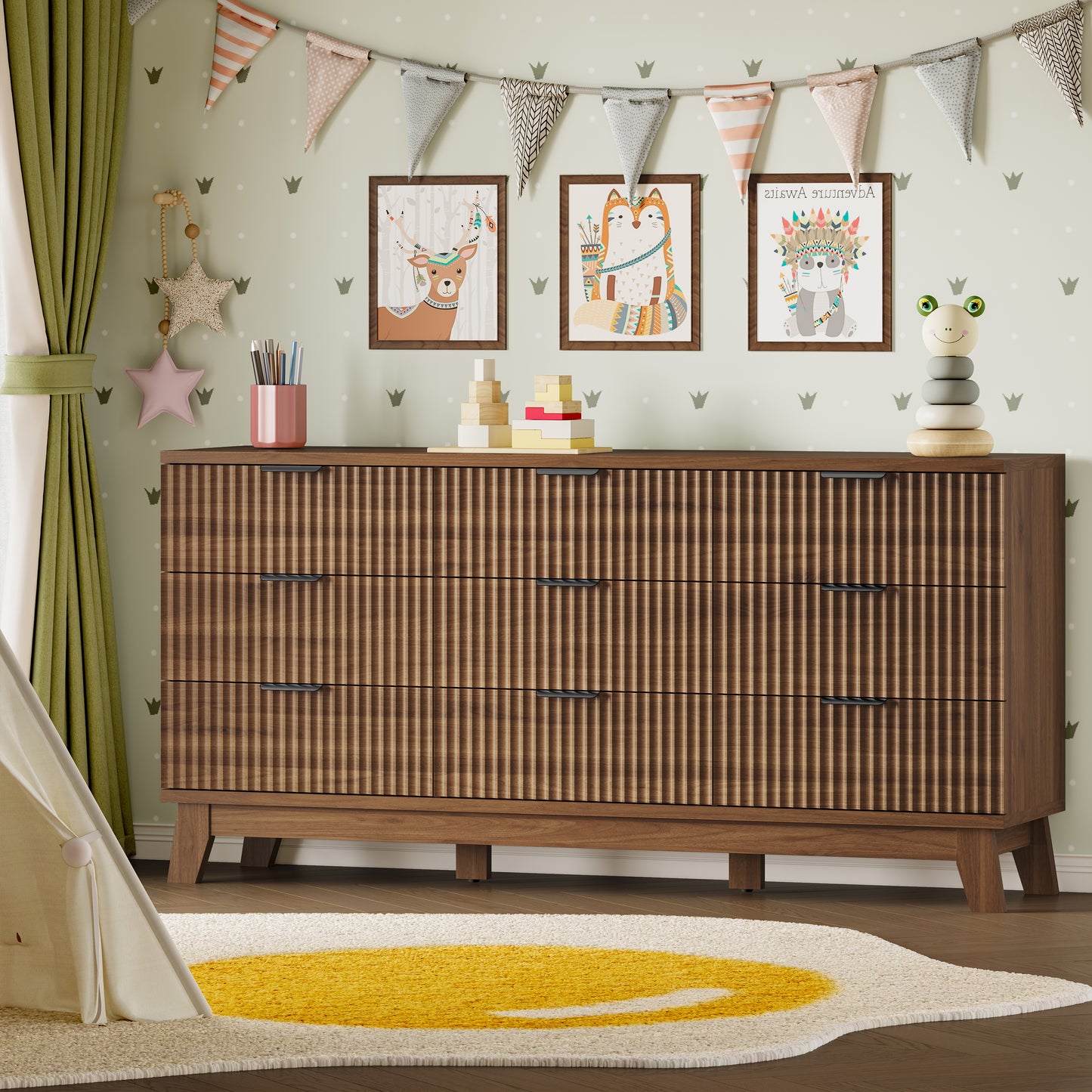 BORNOON 63" Long Dresser for Bedroom, 9-Drawer Fluted Dresser, Extra-Wide Wood Chest of Drawers with Smooth Metal Slides, Stable Base, Modern Clothes Storage Cabinet for Living Room, Hallway, Nursery