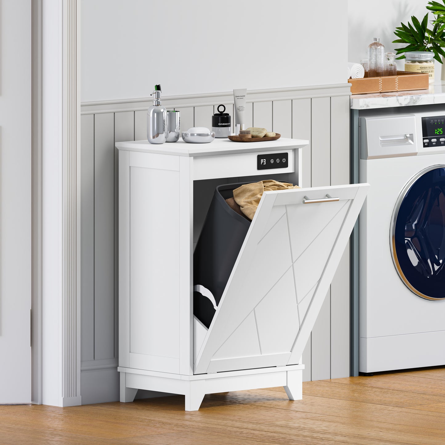 BORNOON Tilt Out Trash Can Cabinet, Hidden Trash Can Cabinet with Odor Control, Negative Ion & Ozone, Wooden Laundry Hamper Cabinet, Single Trash Cabinet for Kitchen, Bathroom, Laundry Room, White