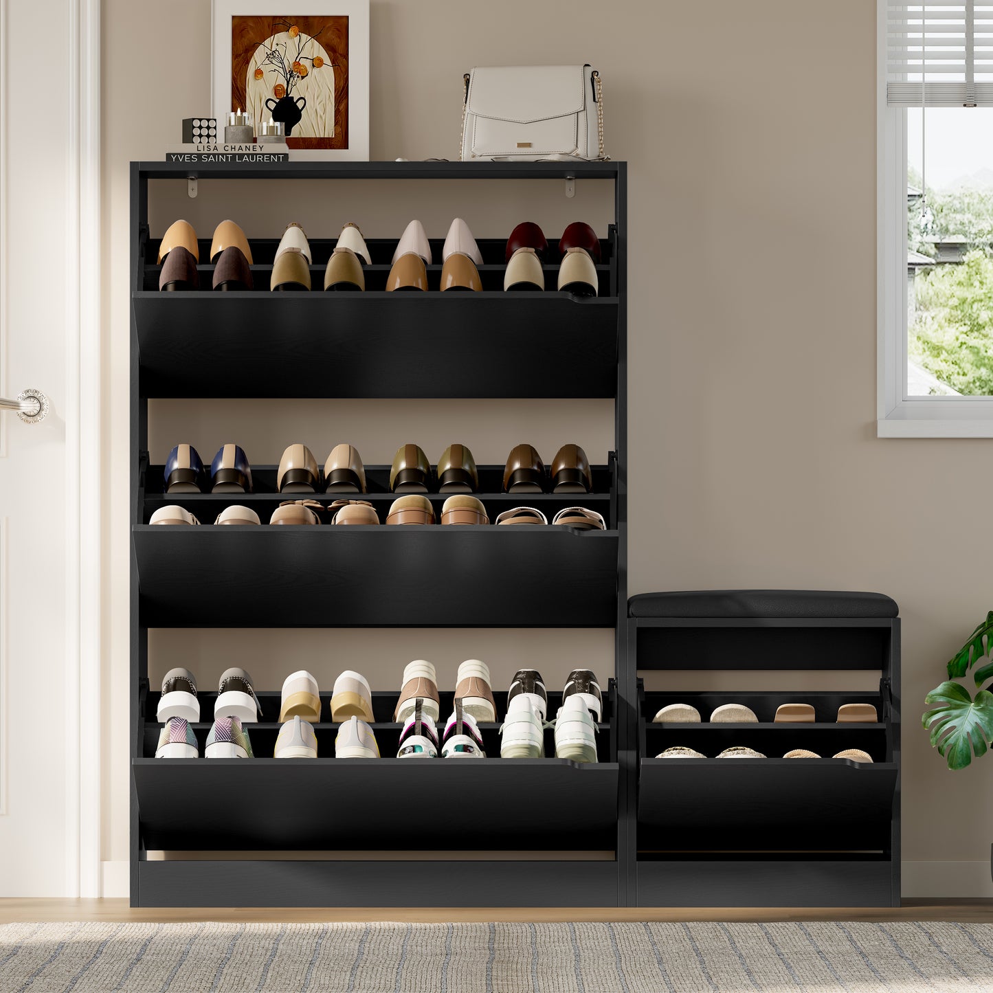 BORNOON Shoe Cabinet with Bench and 3 Flip Drawers, Slim Narrow Shoe Storage Cabinet, Freestanding Shoe Rack Organizer with Adjustable & Removable Shelves, Anti-Tip for Entryway, Hallway, Foyer