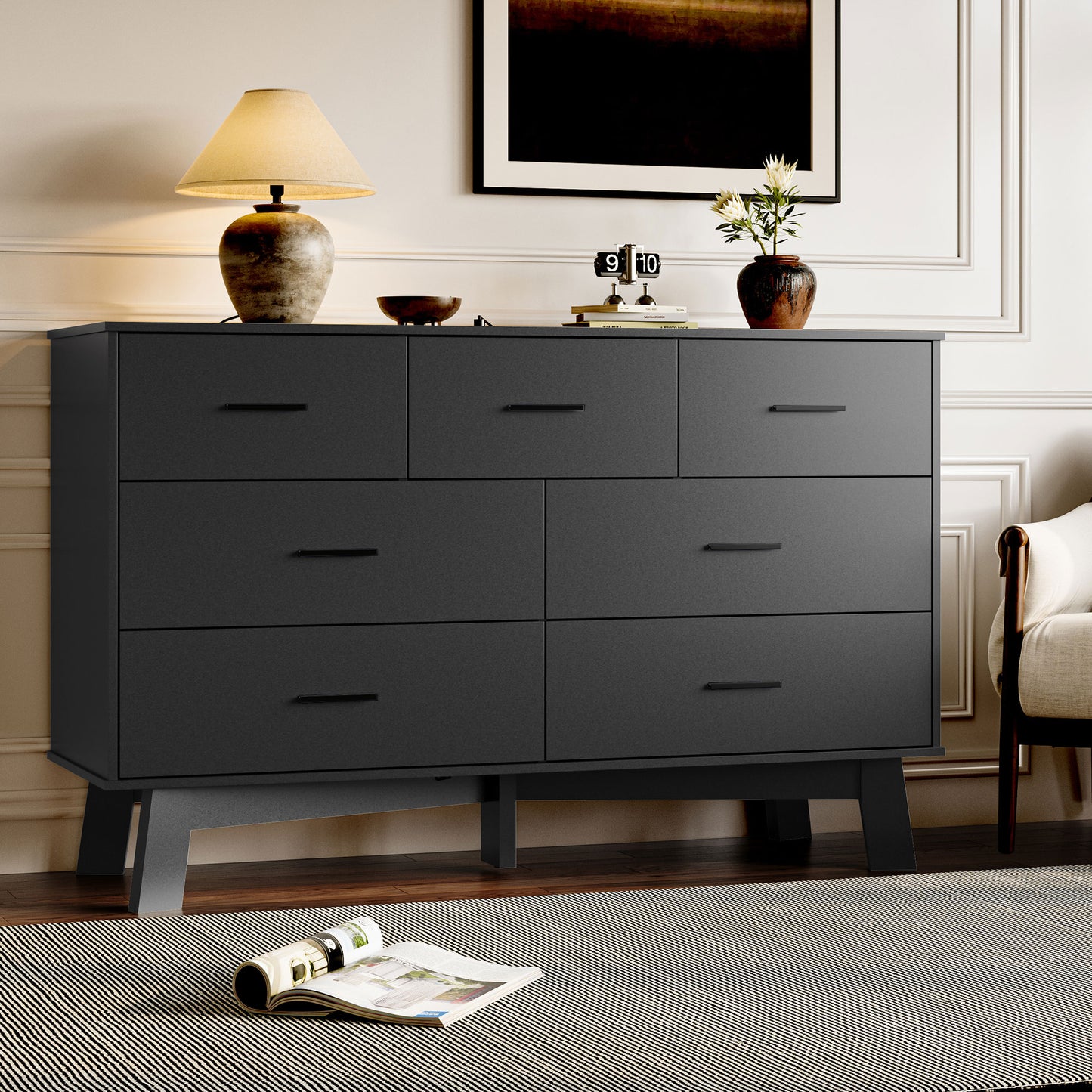 BORNOON Dresser for Bedroom with 7-Drawer, 47.2" Wide Modern Chest of Drawers with Metal Handles, X-Shape Base & Adjustable Center Leg, Anti-Tip Closet Organizers and Storage