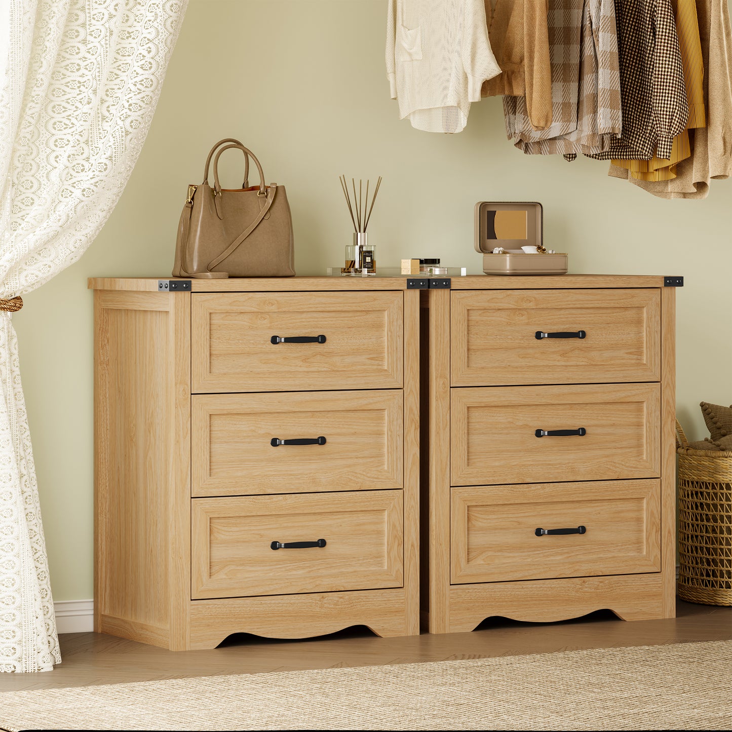 BORNOON 3-Drawer Dresser for Bedroom, Small Wooden Chest of Drawers with Metal Handles, Narrow Storage Cabinet with Anti-Tipping Design, Sturdy Dresser Organizer for Closet, Living Room, Entryway