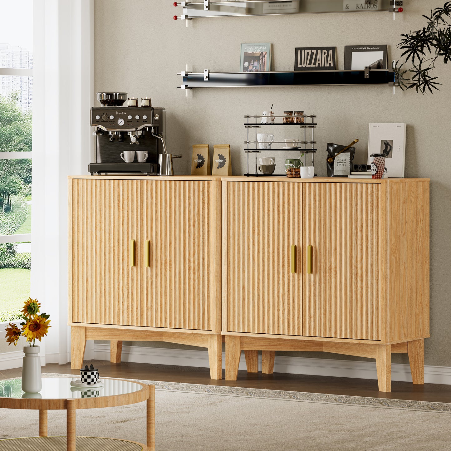 BORNOON Storage Cabinet with Doors and Adjustable Shelf, Modern Fluted Sideboard Buffet Cabinet, Freestanding Coffee Bar for Kitchen, Pantry, Entryway, Living Room (Natural Oak)
